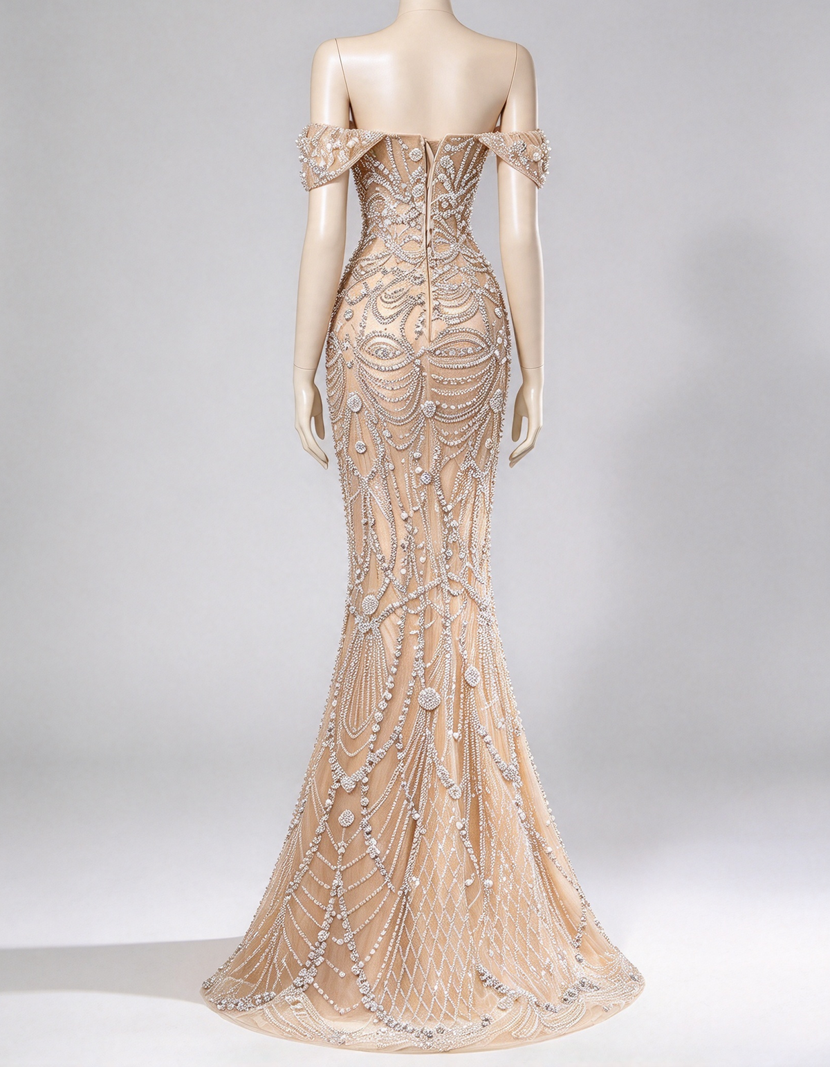 Light Champagne Off The Shoulder Heavy Beaded Mermaid Evening Maxi Dress