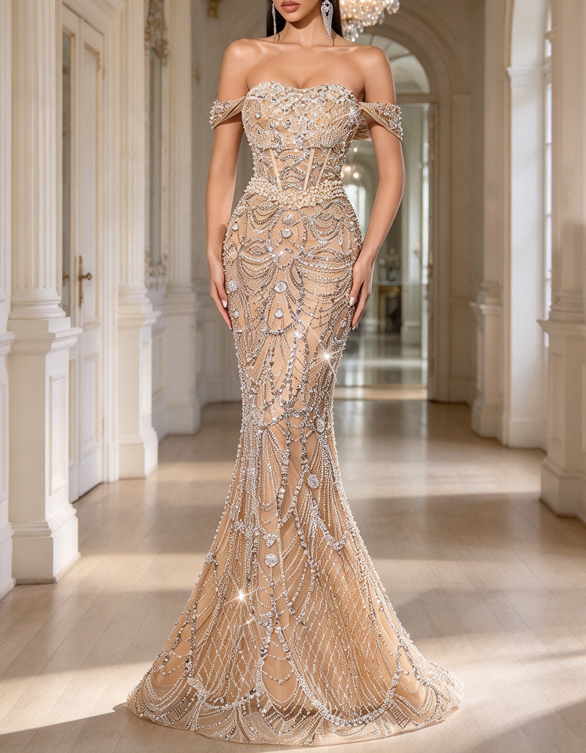 Light Champagne Off The Shoulder Heavy Beaded Mermaid Evening Maxi Dress