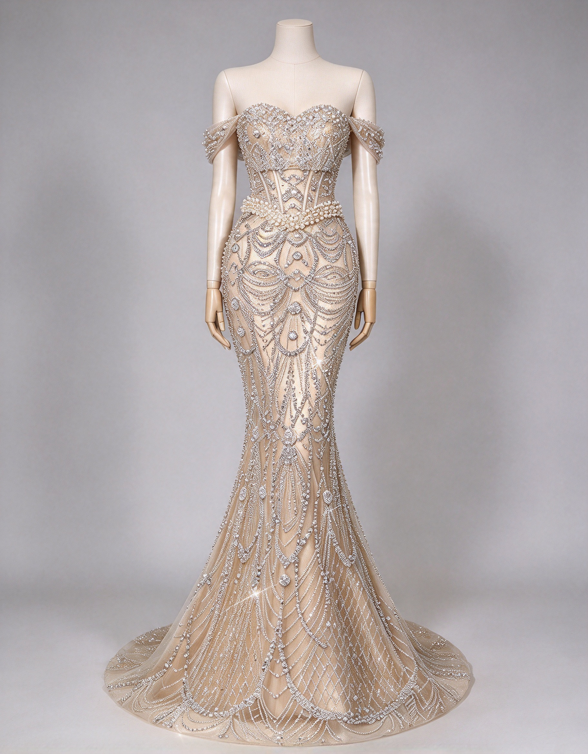 Light Champagne Off The Shoulder Heavy Beaded Mermaid Evening Maxi Dress