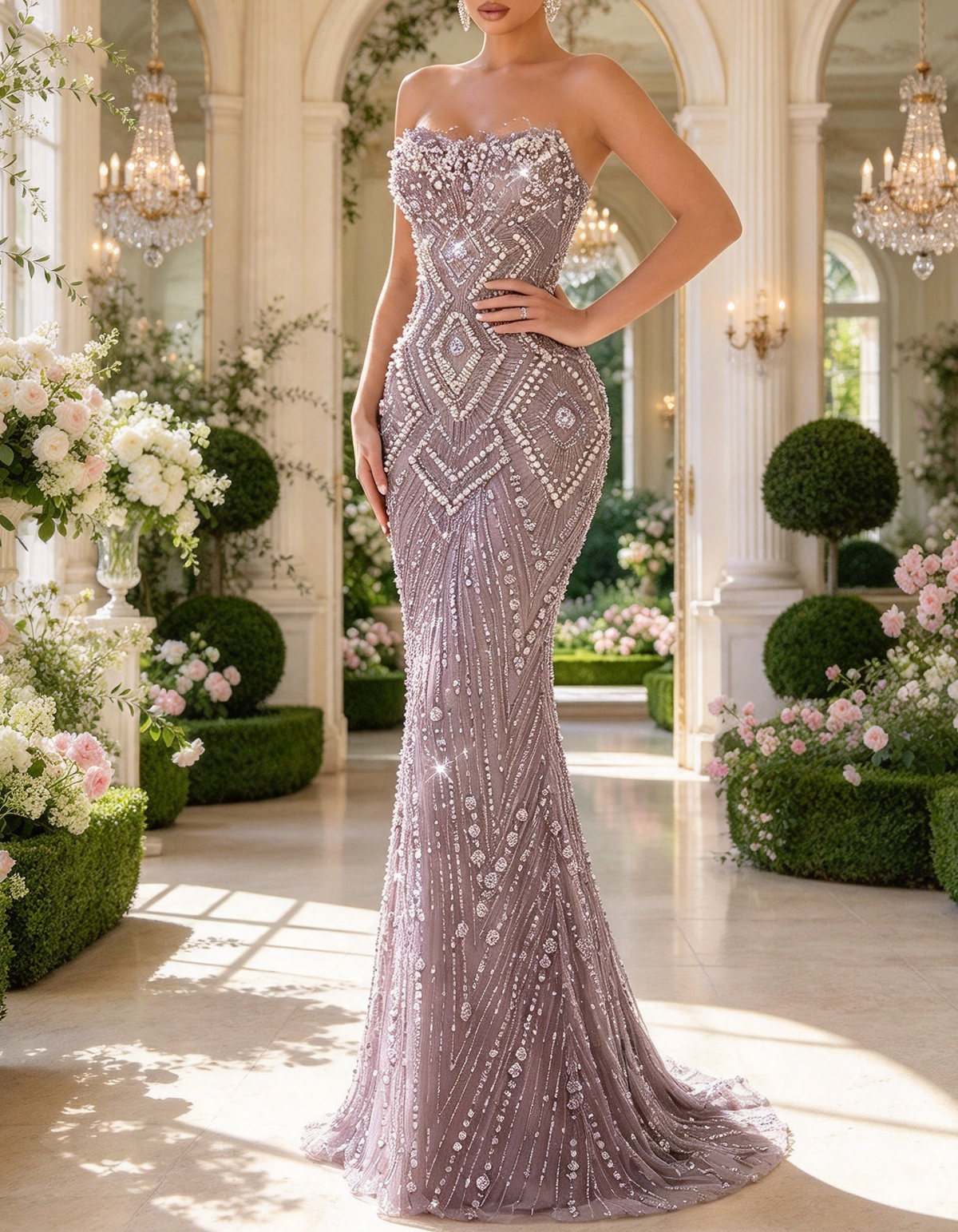 Dusty Purple Strapless Heavy Beaded Mermaid Evening Maxi Dress
