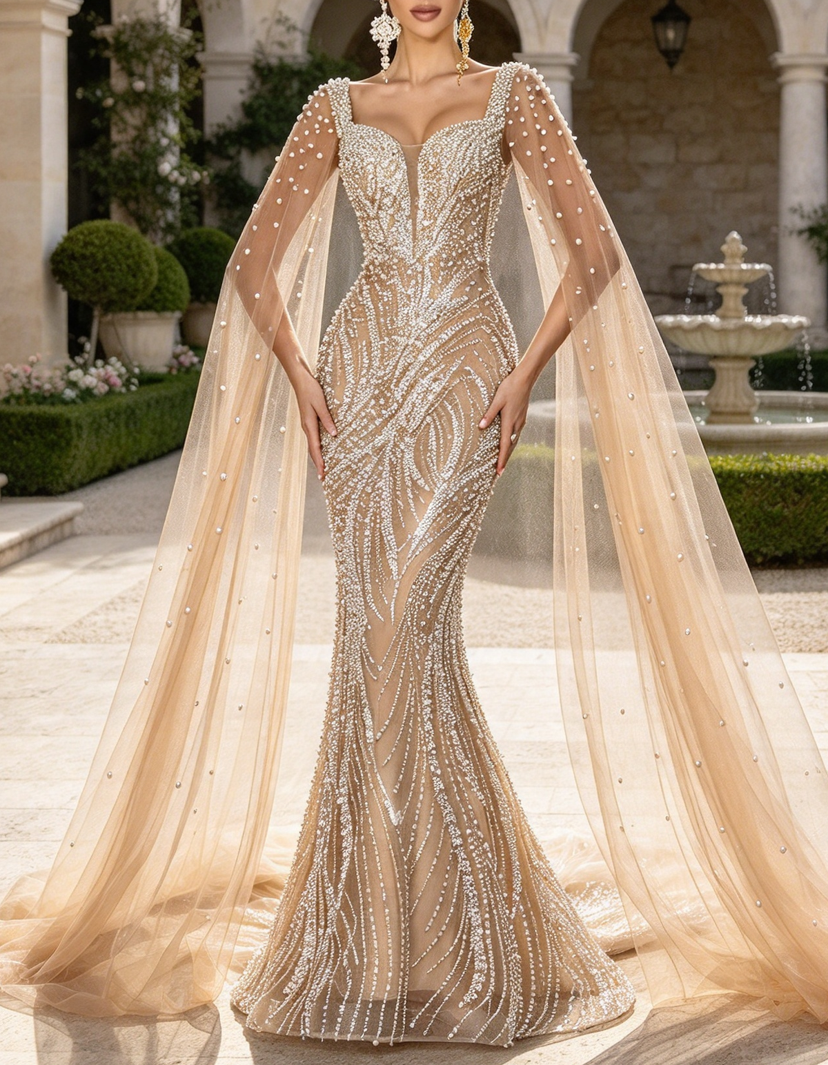 Champagne Square Neck Pearl Tulle Cape Heavy Beaded Mermaid Evening Maxi Dress