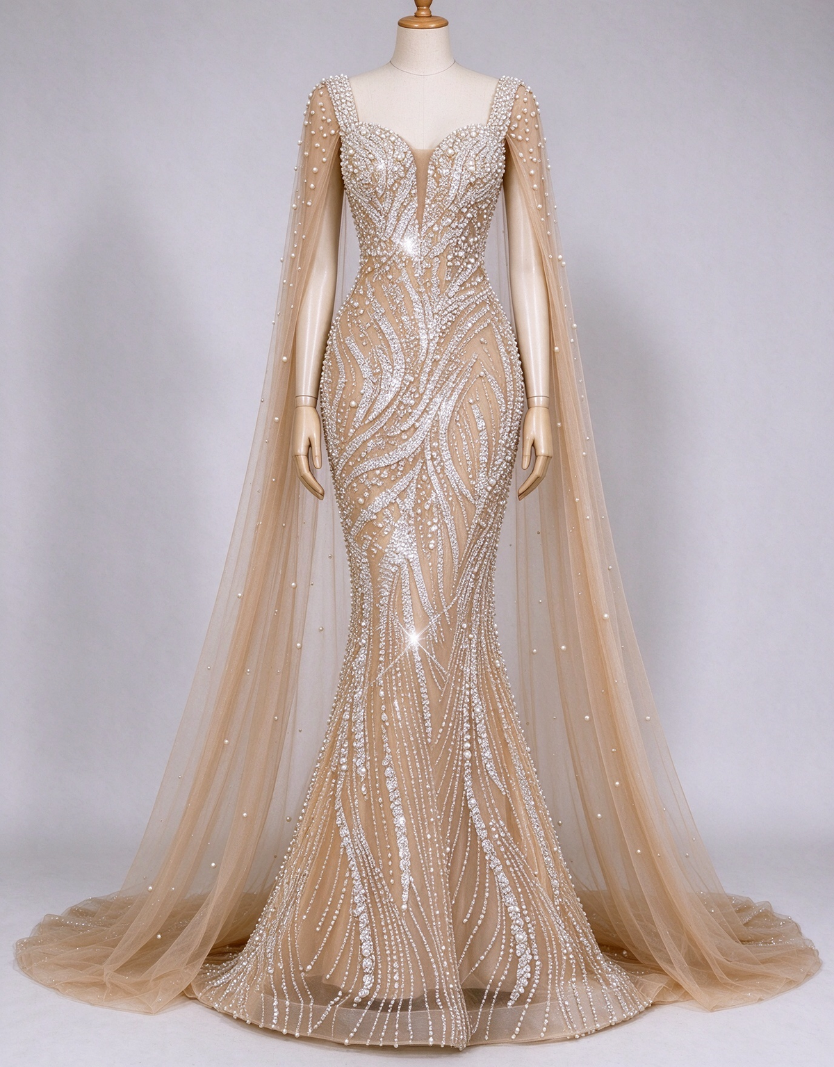 Champagne Square Neck Pearl Tulle Cape Heavy Beaded Mermaid Evening Maxi Dress
