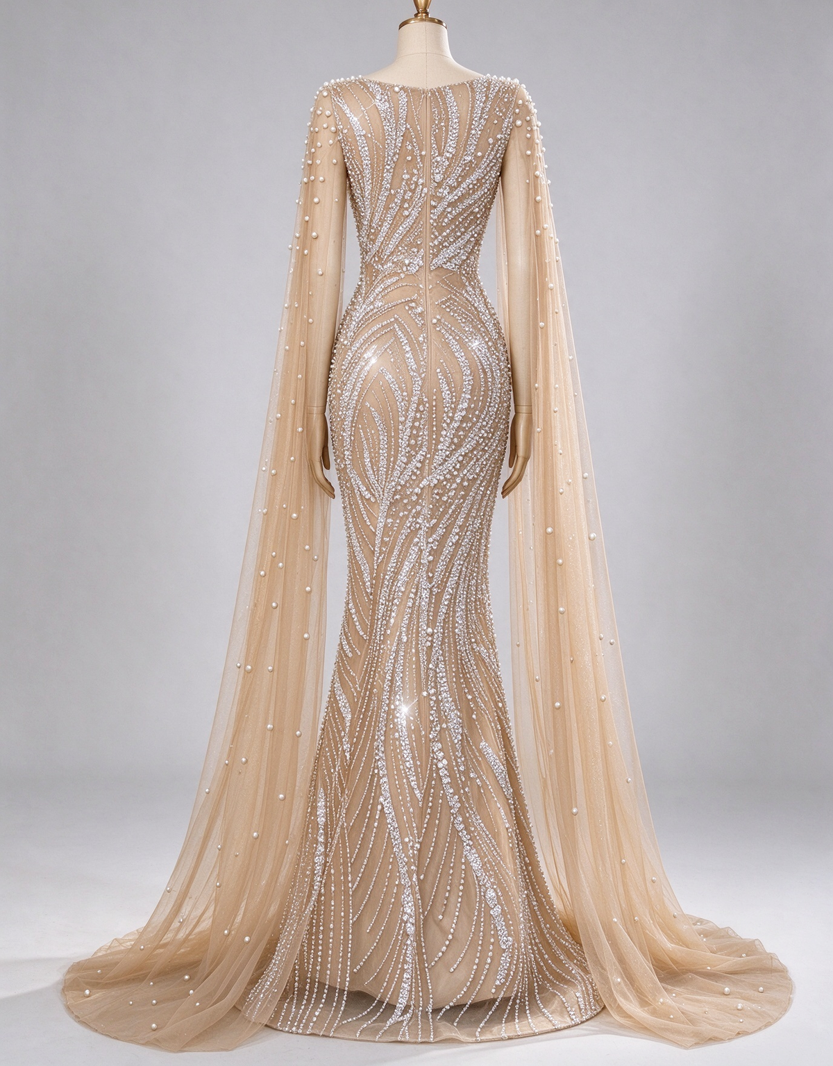 Champagne Square Neck Pearl Tulle Cape Heavy Beaded Mermaid Evening Maxi Dress