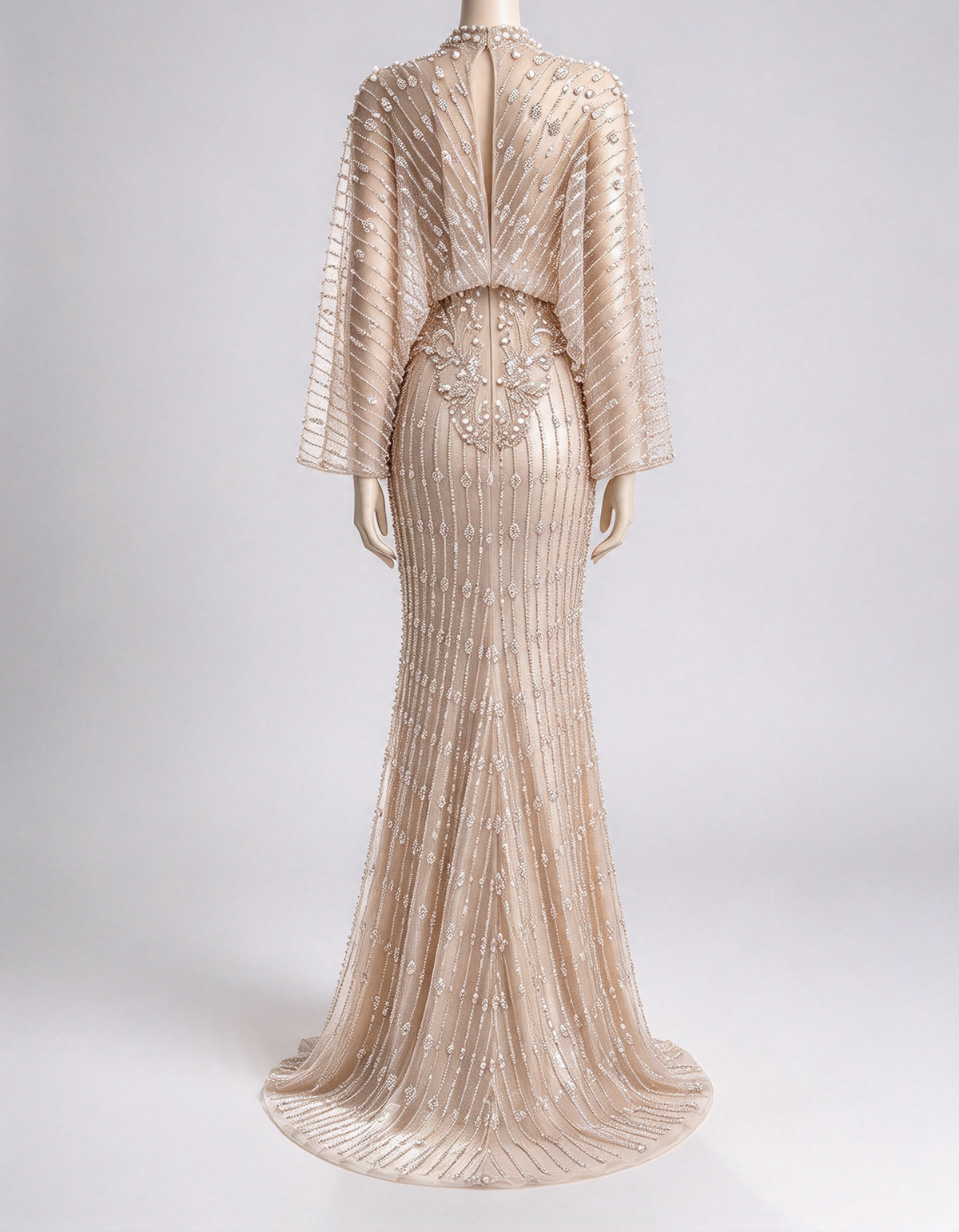 Champagne High Neck Batwing Sleeves Heavy Beaded Mermaid Evening Maxi Dress