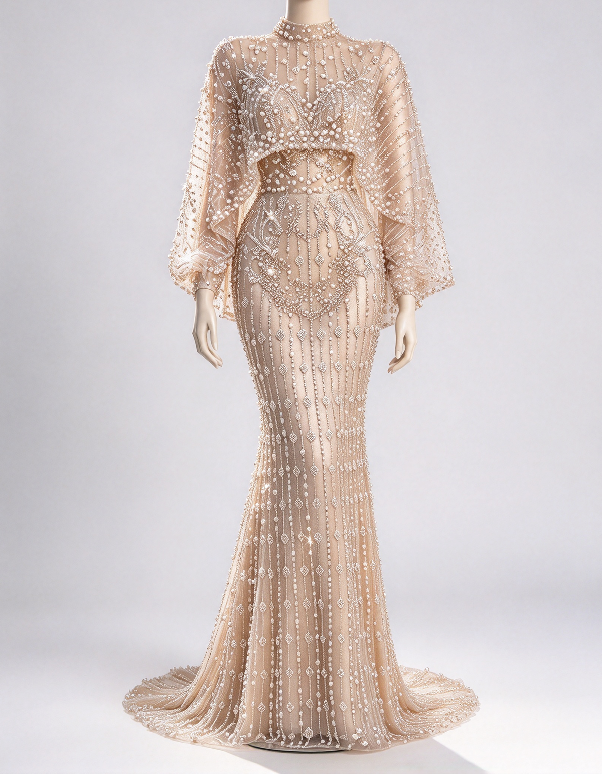 Champagne High Neck Batwing Sleeves Heavy Beaded Mermaid Evening Maxi Dress