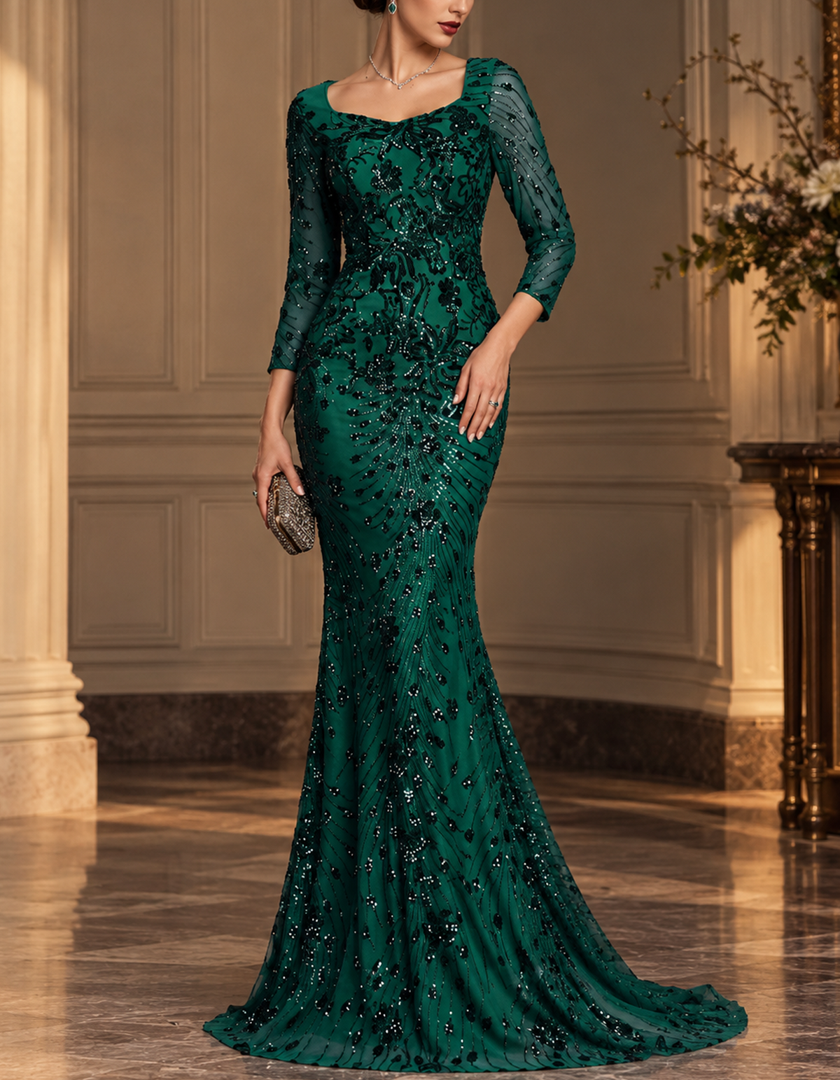 Merald Green Square Neck Rhinestone Beaded Mermaid Evening Maxi Dress