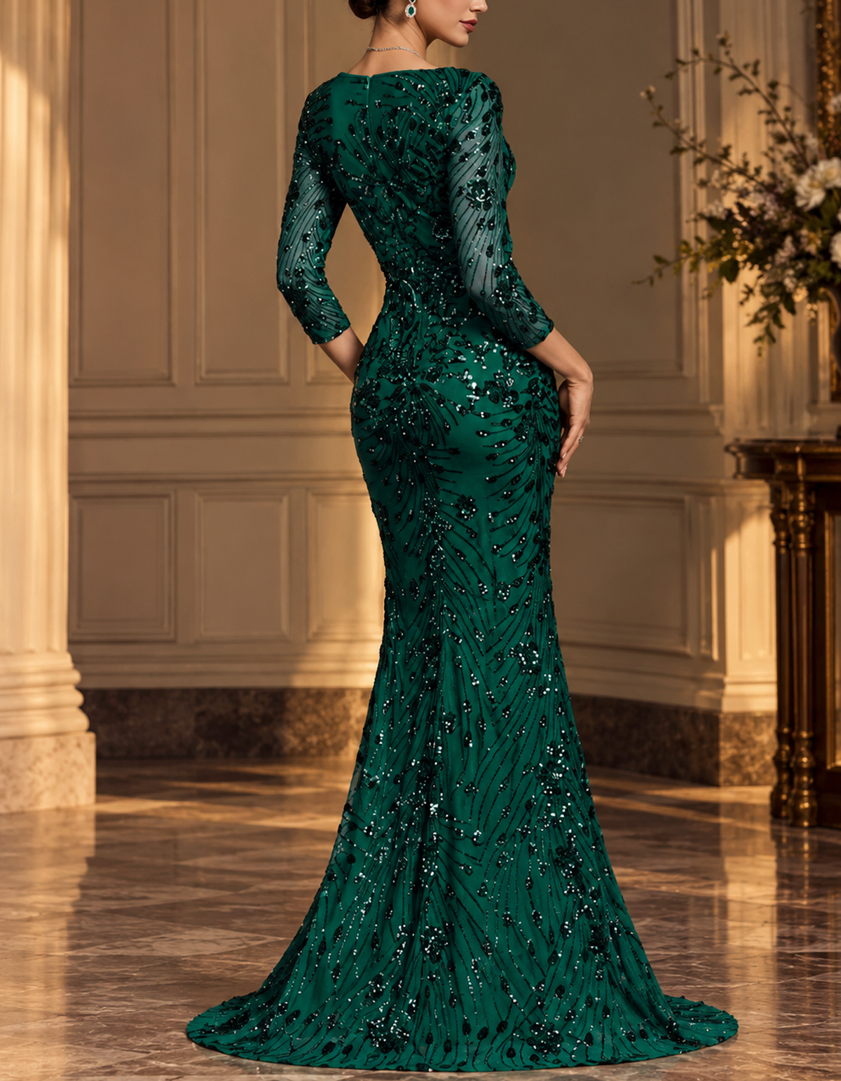 Merald Green Square Neck Rhinestone Beaded Mermaid Evening Maxi Dress