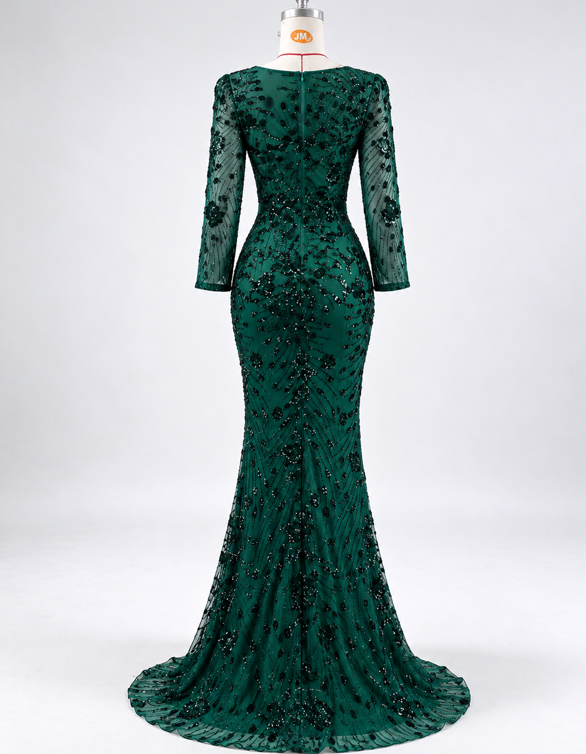 Merald Green Square Neck Rhinestone Beaded Mermaid Evening Maxi Dress