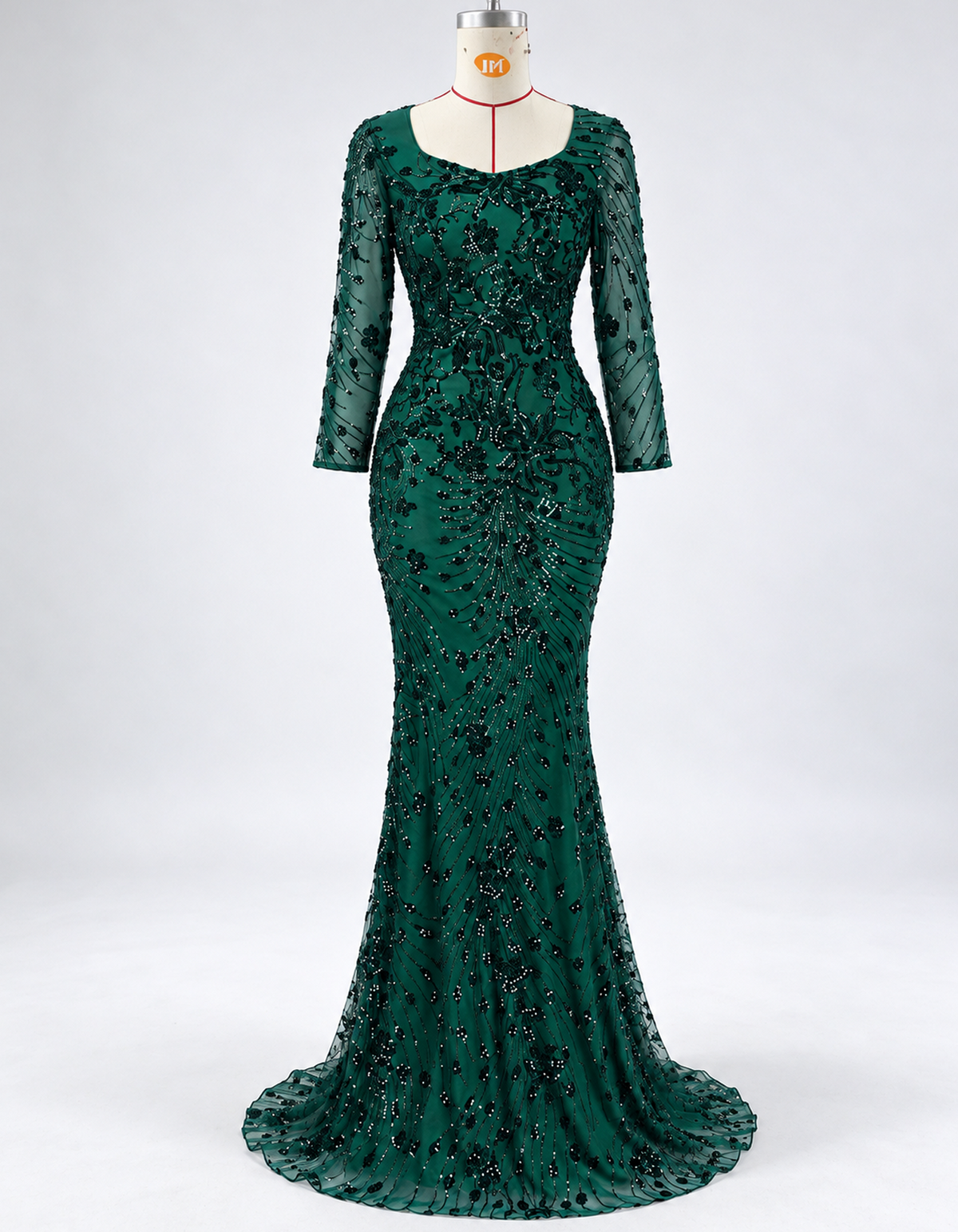Merald Green Square Neck Rhinestone Beaded Mermaid Evening Maxi Dress