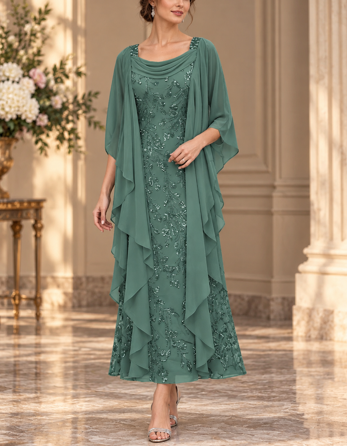 Cowl Square Neck Rhinestone Beaded A-Line Long Chiffon Maxi Dress
