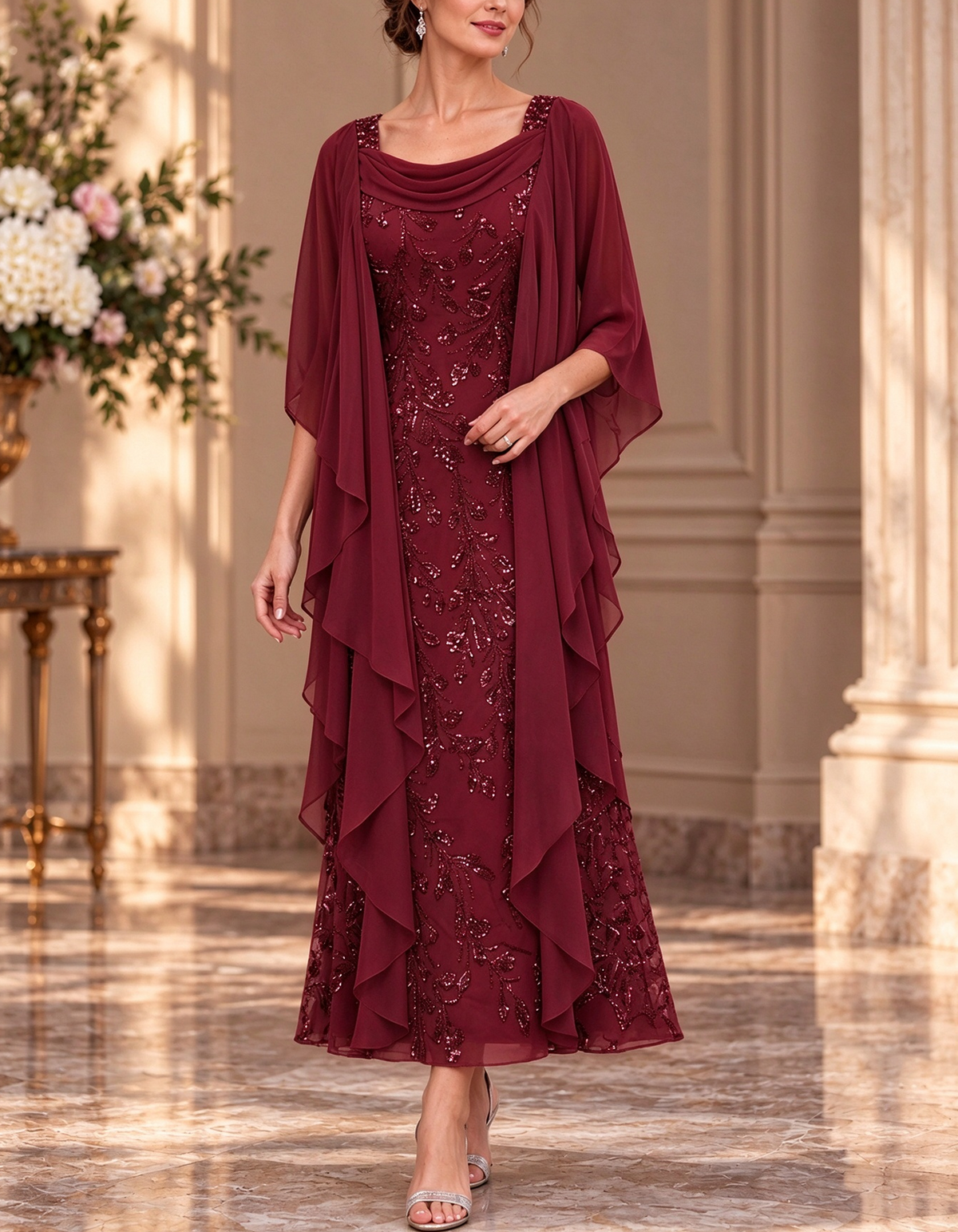 Cowl Square Neck Rhinestone Beaded A-Line Long Chiffon Maxi Dress