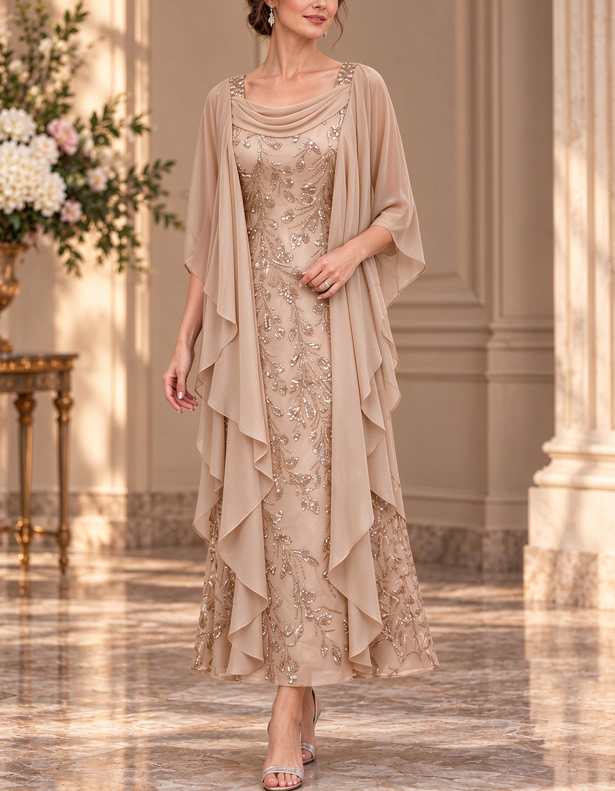 Cowl Square Neck Rhinestone Beaded A-Line Long Chiffon Maxi Dress