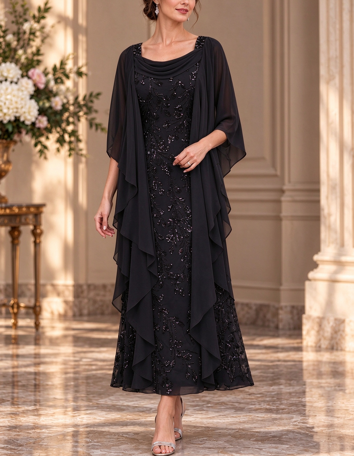 Cowl Square Neck Rhinestone Beaded A-Line Long Chiffon Maxi Dress