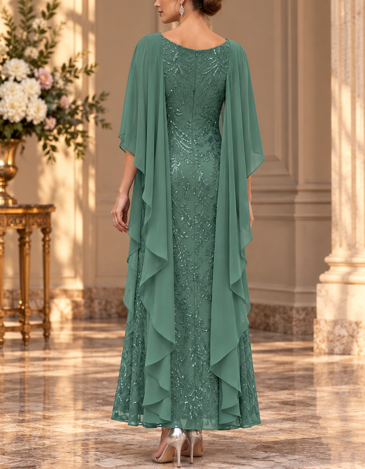 Cowl Square Neck Rhinestone Beaded A-Line Long Chiffon Maxi Dress
