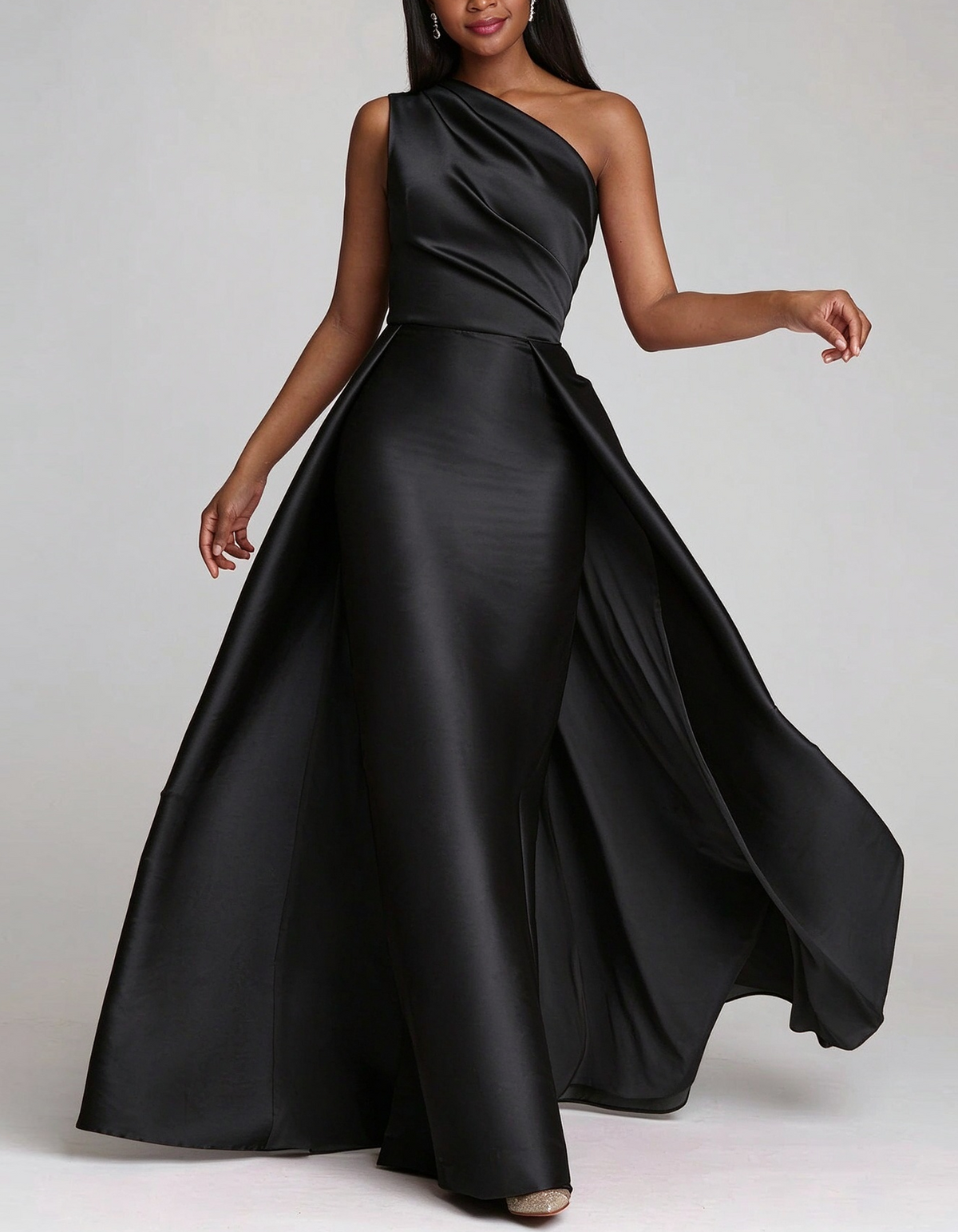 Draped One Shoulder Satin Mermaid Evening Maxi Dress