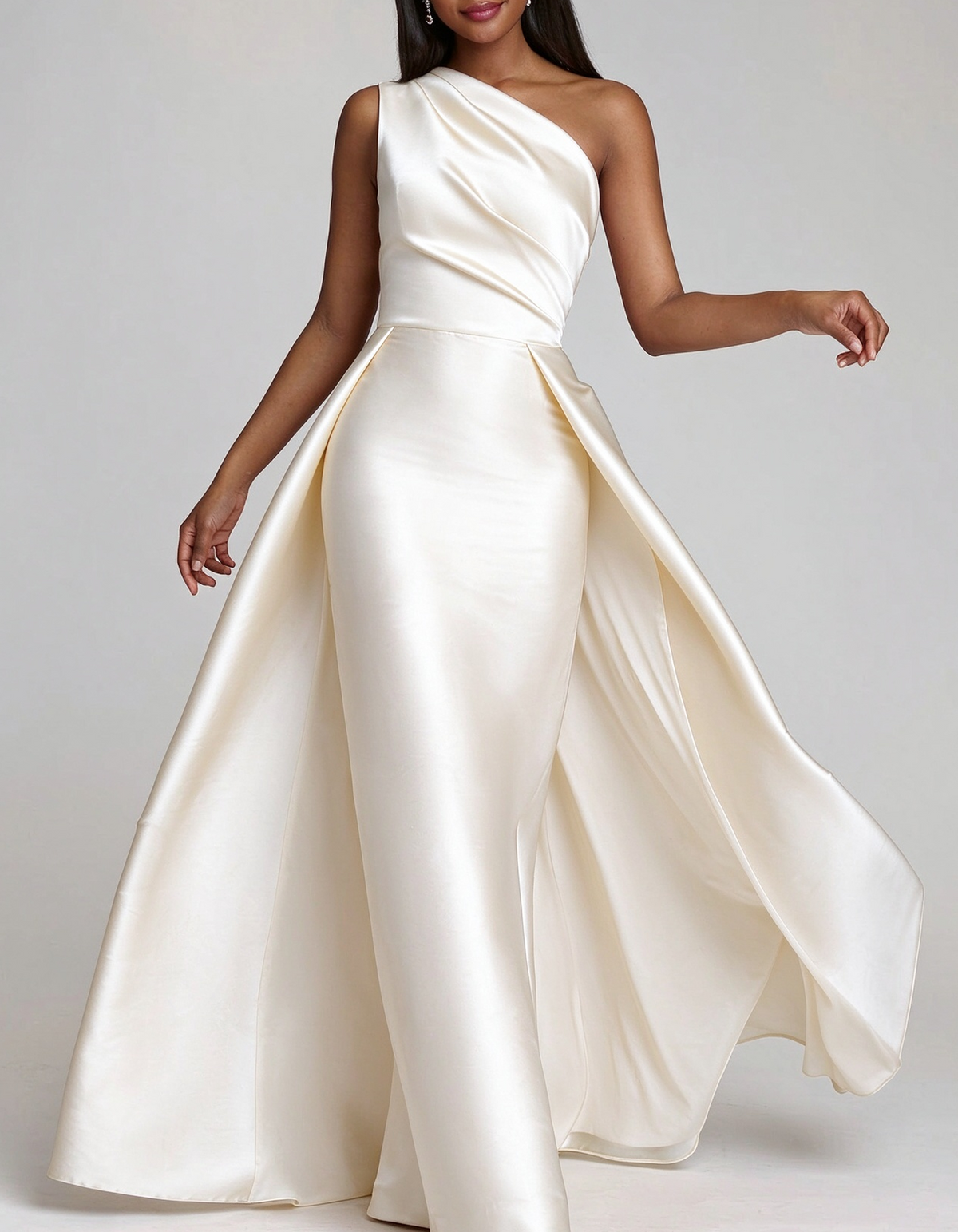 Draped One Shoulder Satin Mermaid Evening Maxi Dress