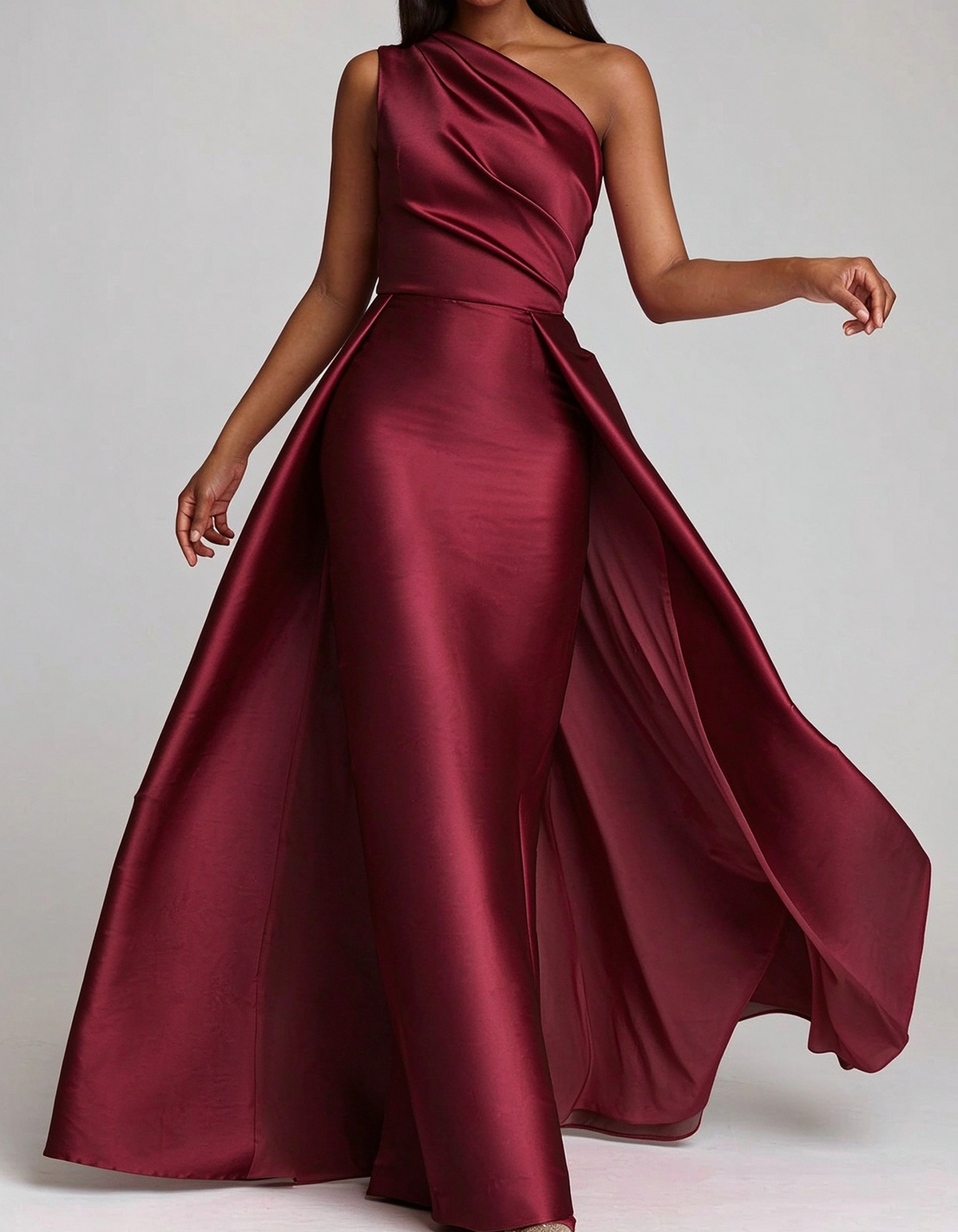 Draped One Shoulder Satin Mermaid Evening Maxi Dress