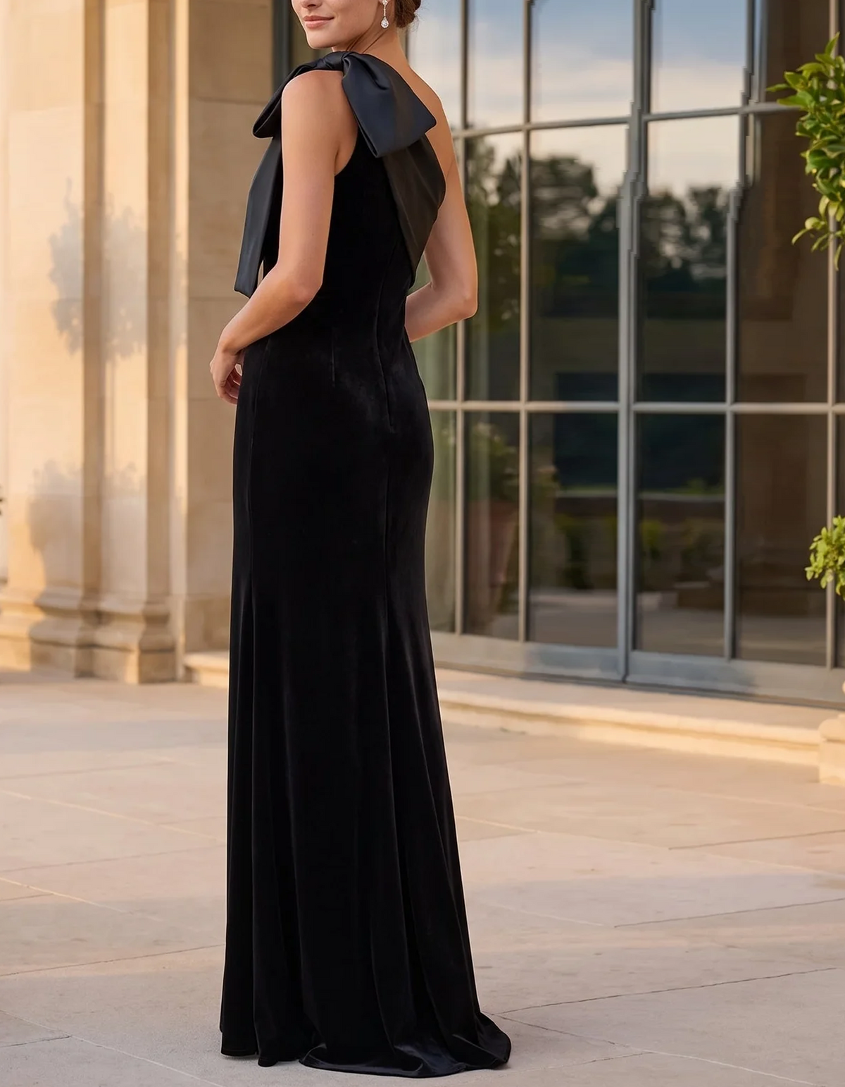 One Shoulder Velvet Mermaid Gown With Satin Bow Maxi Dress