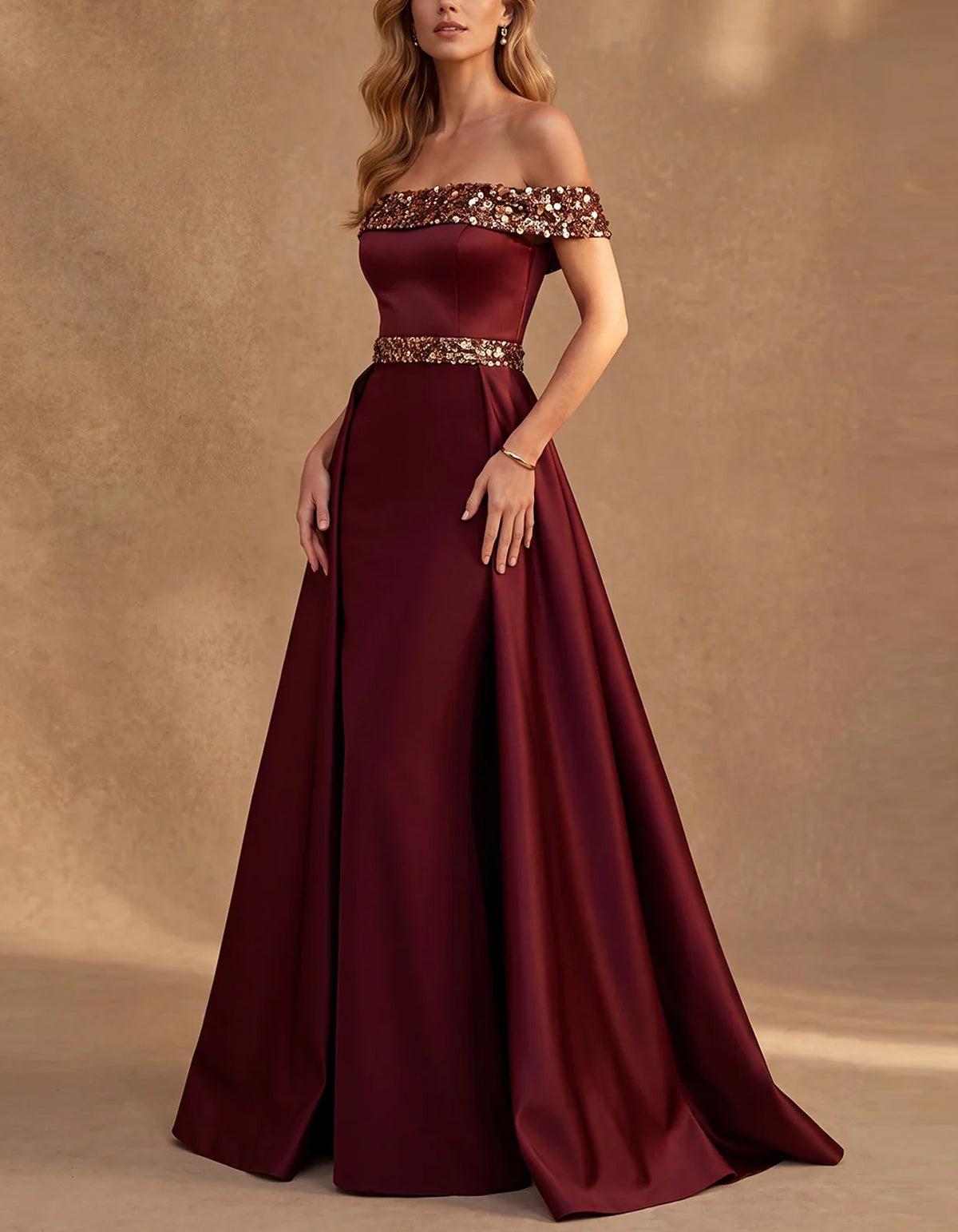 Burgundy Off The Shoulder Satin Maxi Dress