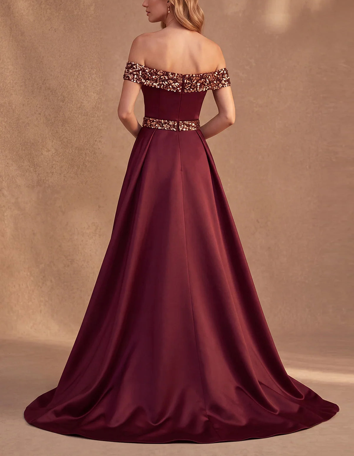 Burgundy Off The Shoulder Satin Maxi Dress