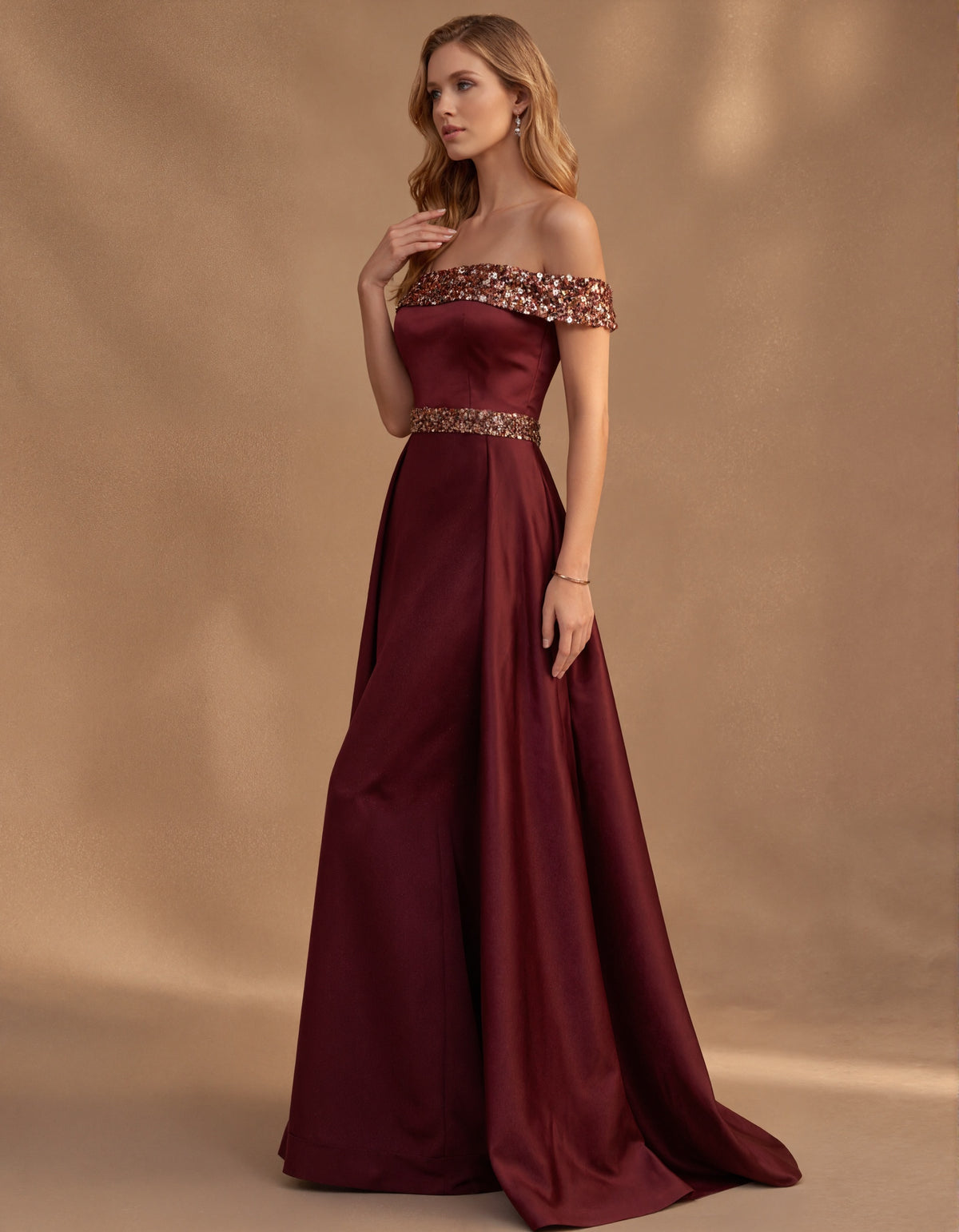 Burgundy Off The Shoulder Satin Maxi Dress