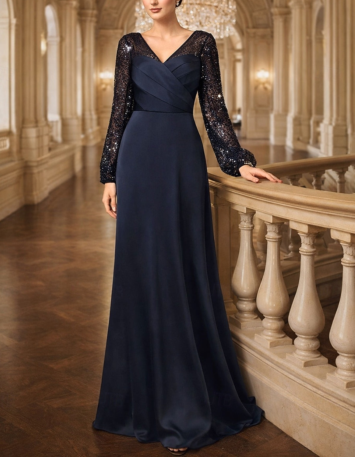 Dark Blue V-neck Long Sleeve With Sequins Maxi Dress