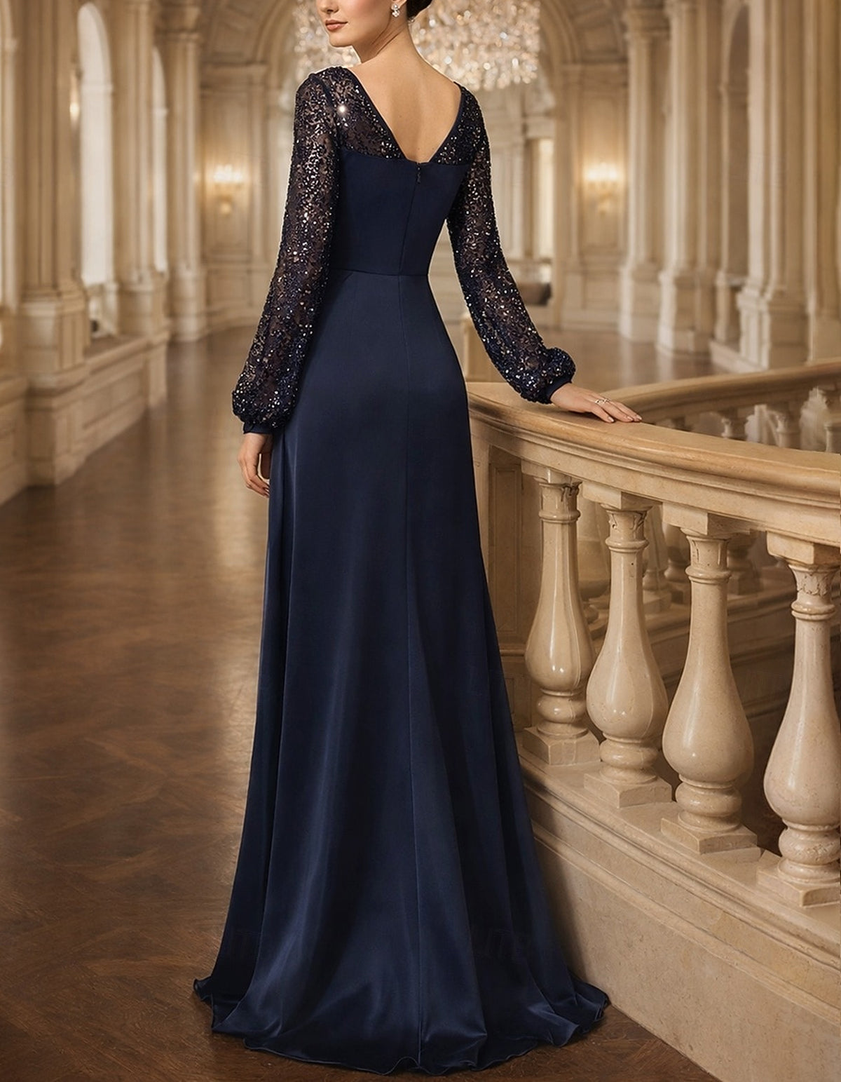 Dark Blue V-neck Long Sleeve With Sequins Maxi Dress