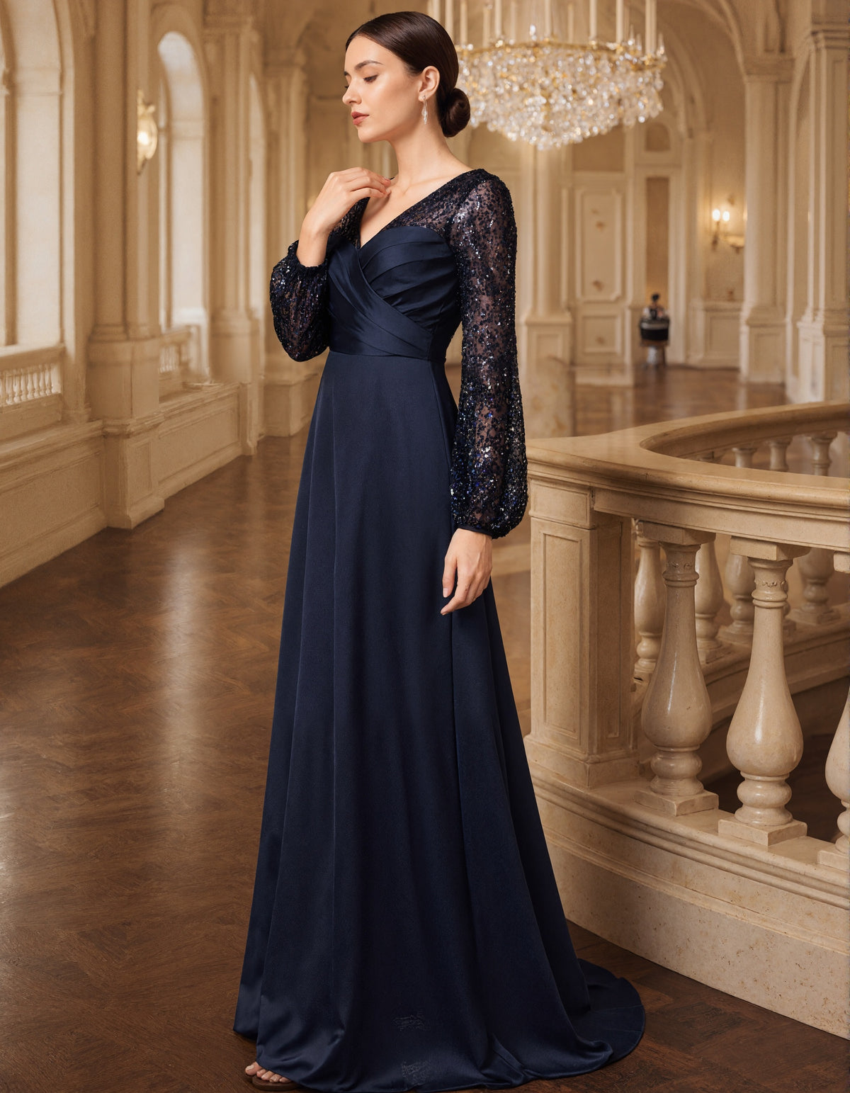 Dark Blue V-neck Long Sleeve With Sequins Maxi Dress