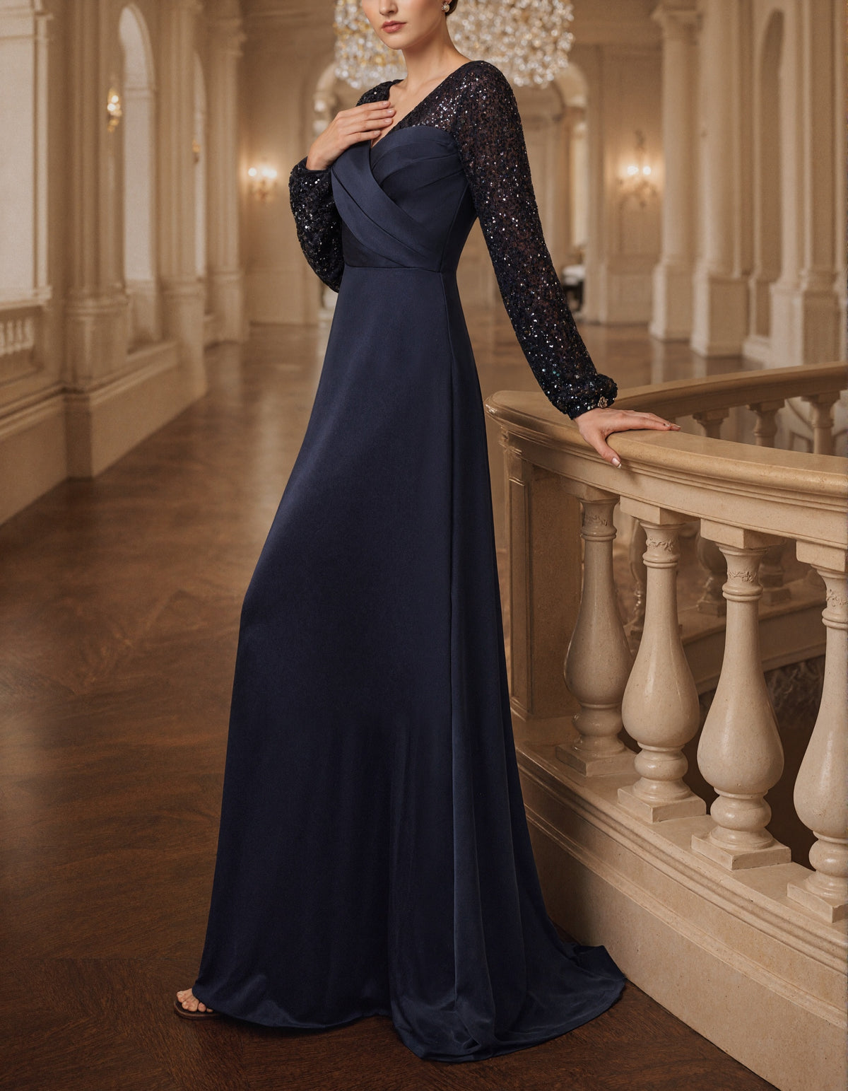 Dark Blue V-neck Long Sleeve With Sequins Maxi Dress