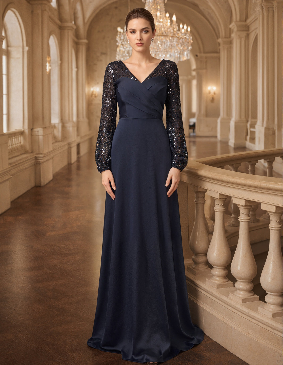 Dark Blue V-neck Long Sleeve With Sequins Maxi Dress