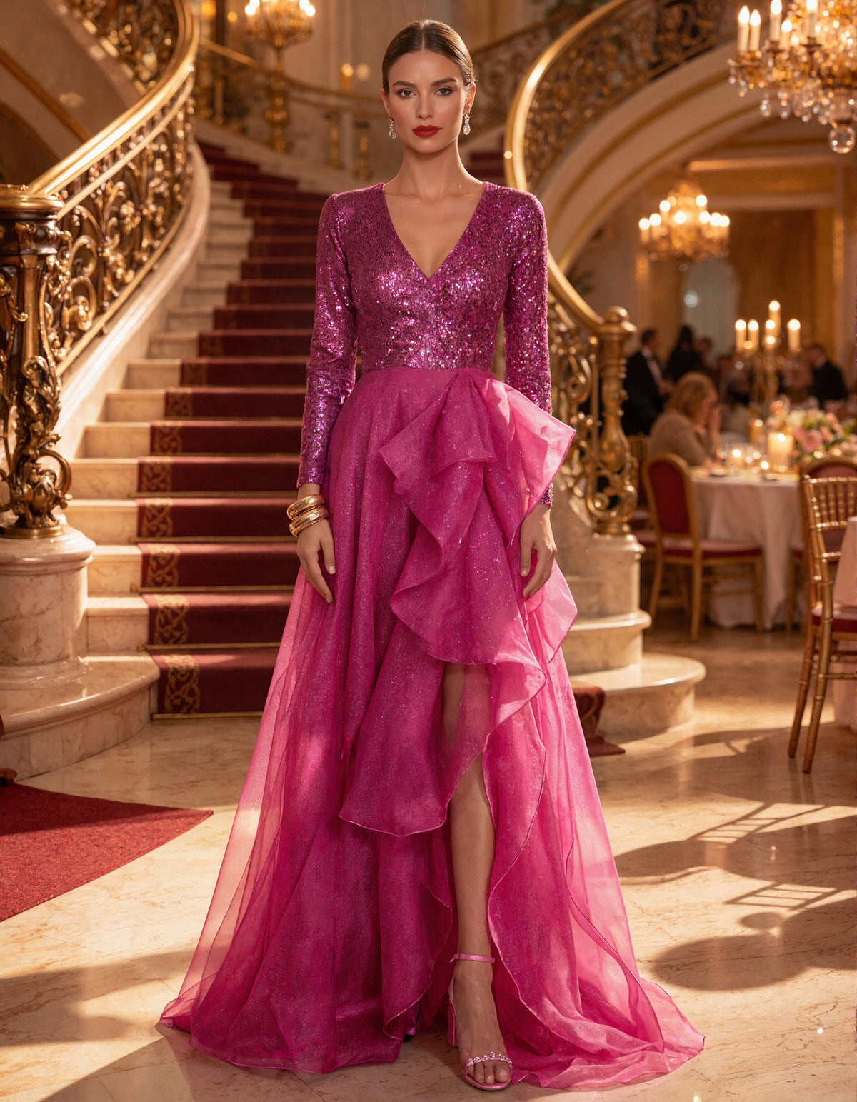Solid Color Long Sleeve V-Neck With Sequins Maxi Dress
