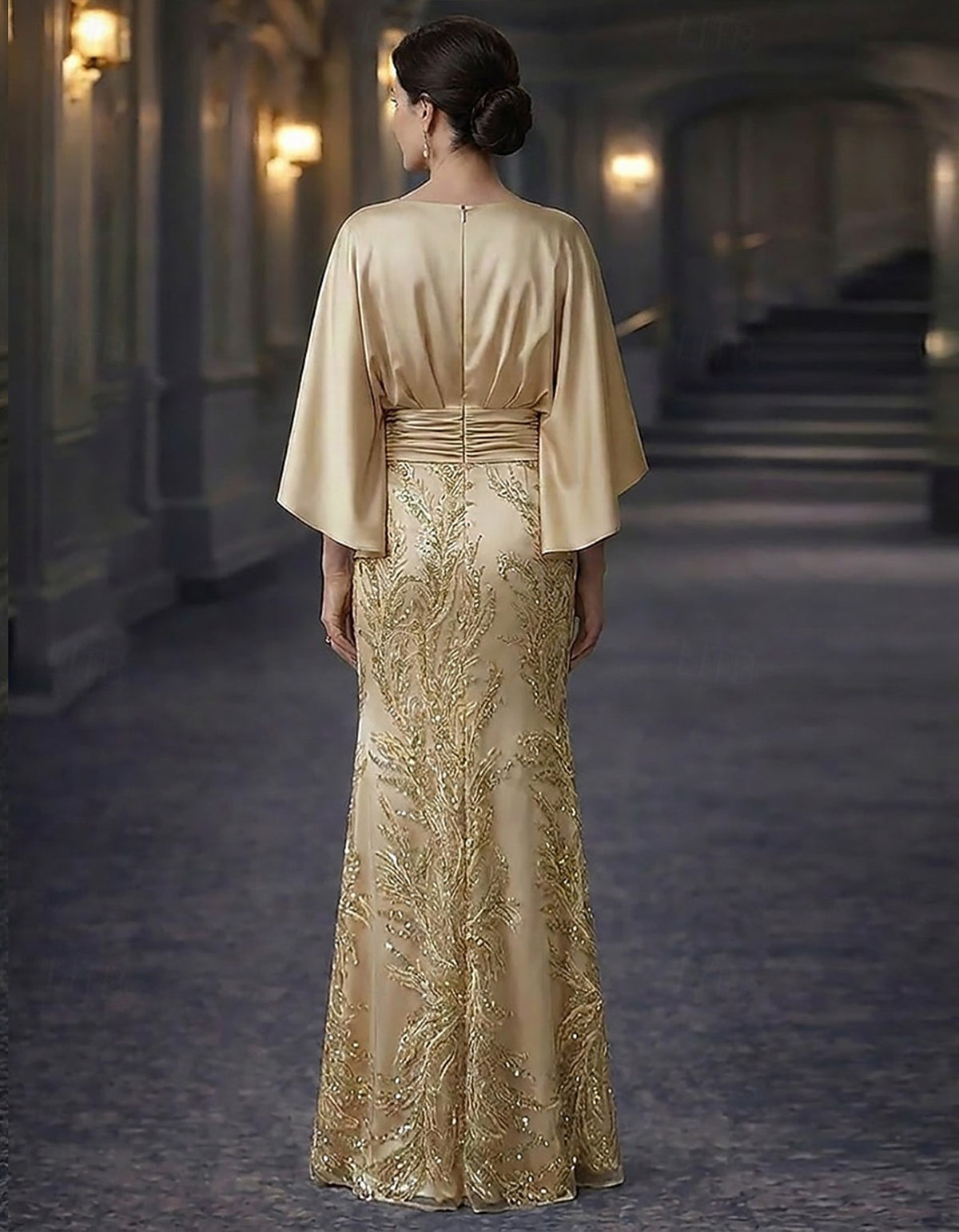 Solid Color Satin And Sequined Mesh Mermaid Style Maxi Dress