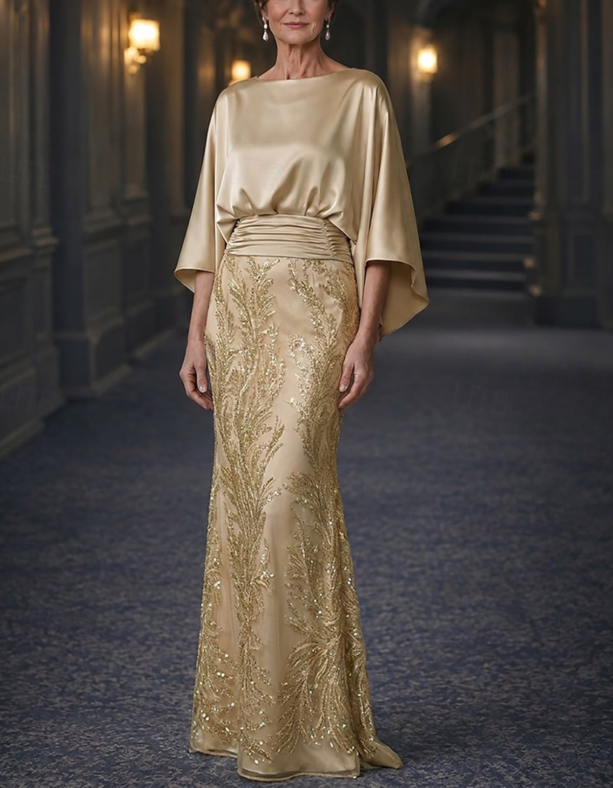 Solid Color Satin And Sequined Mesh Mermaid Style Maxi Dress