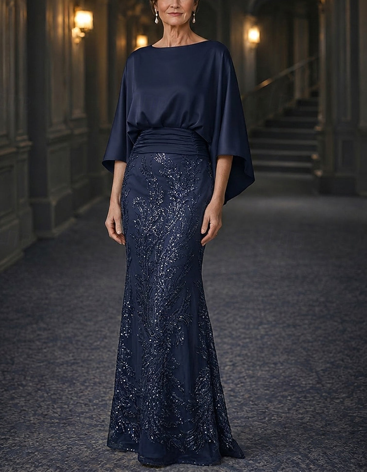 Solid Color Satin And Sequined Mesh Mermaid Style Maxi Dress