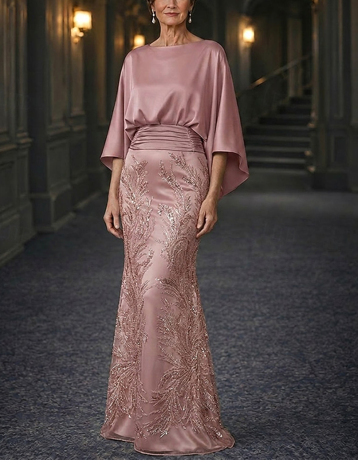 Solid Color Satin And Sequined Mesh Mermaid Style Maxi Dress