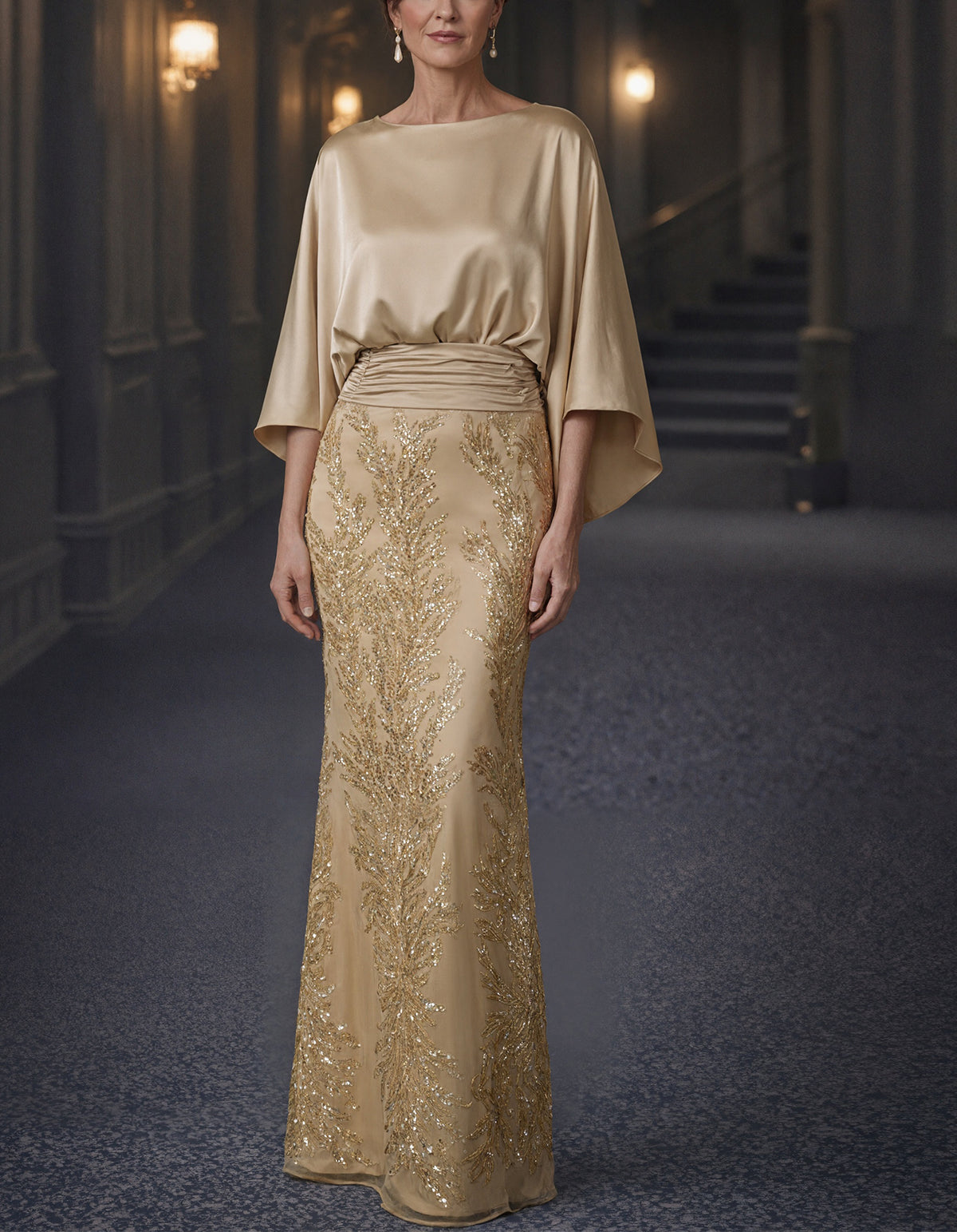 Solid Color Satin And Sequined Mesh Mermaid Style Maxi Dress