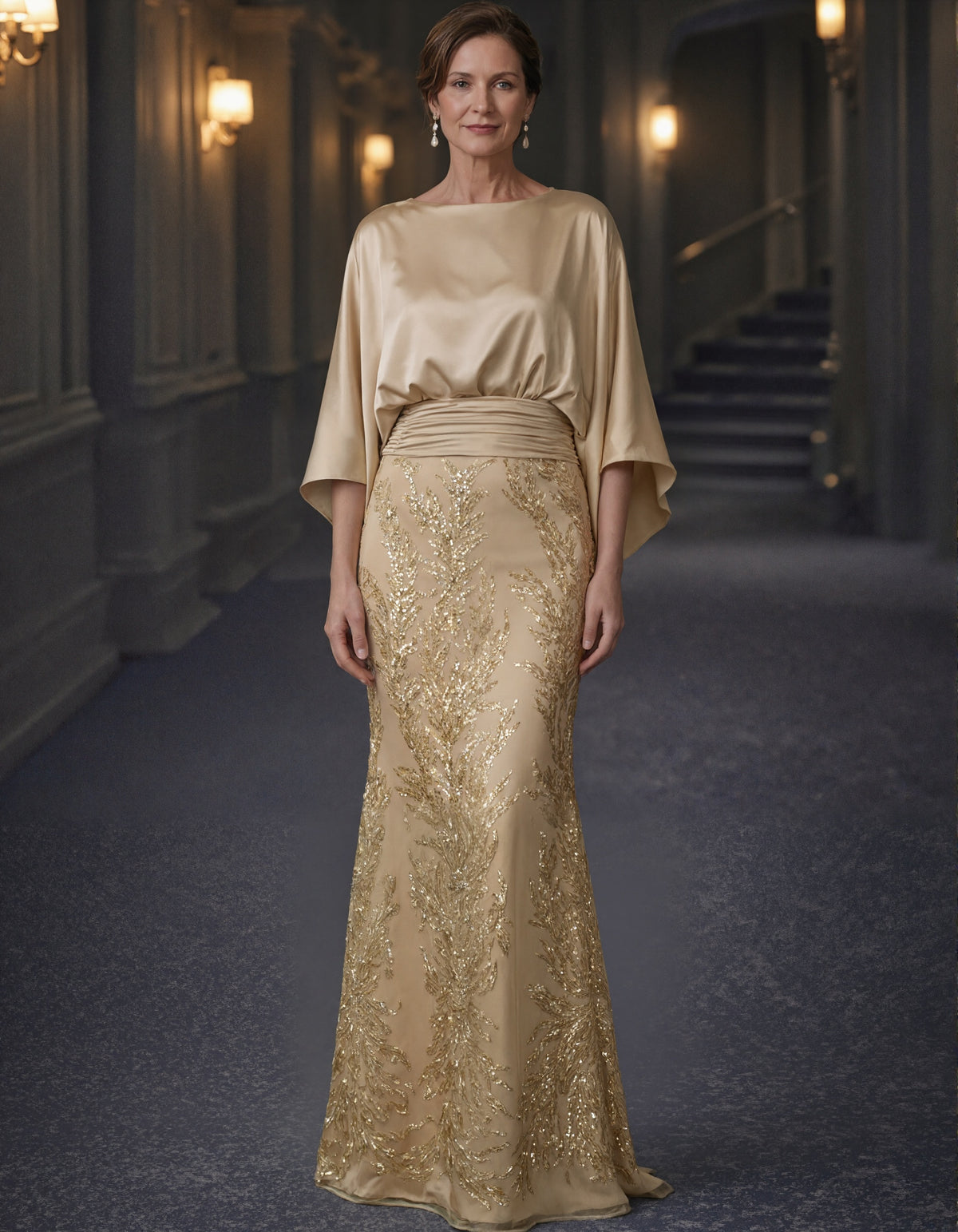 Solid Color Satin And Sequined Mesh Mermaid Style Maxi Dress