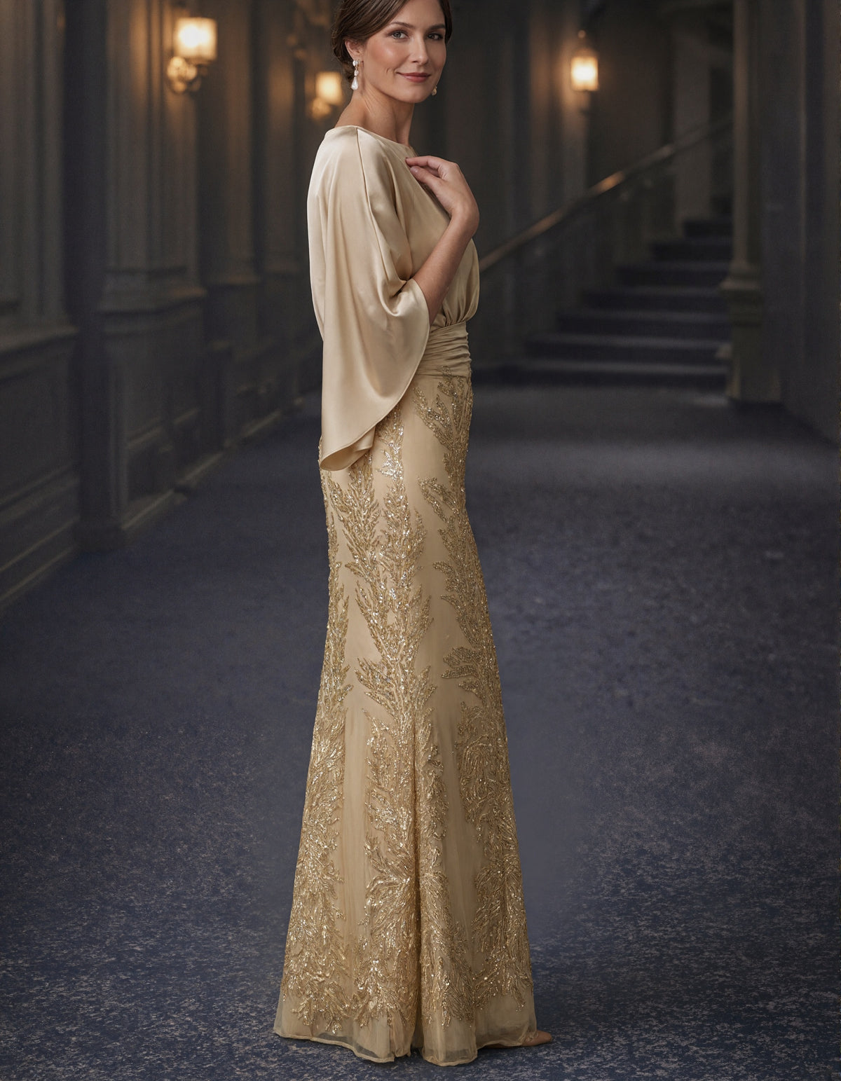 Solid Color Satin And Sequined Mesh Mermaid Style Maxi Dress