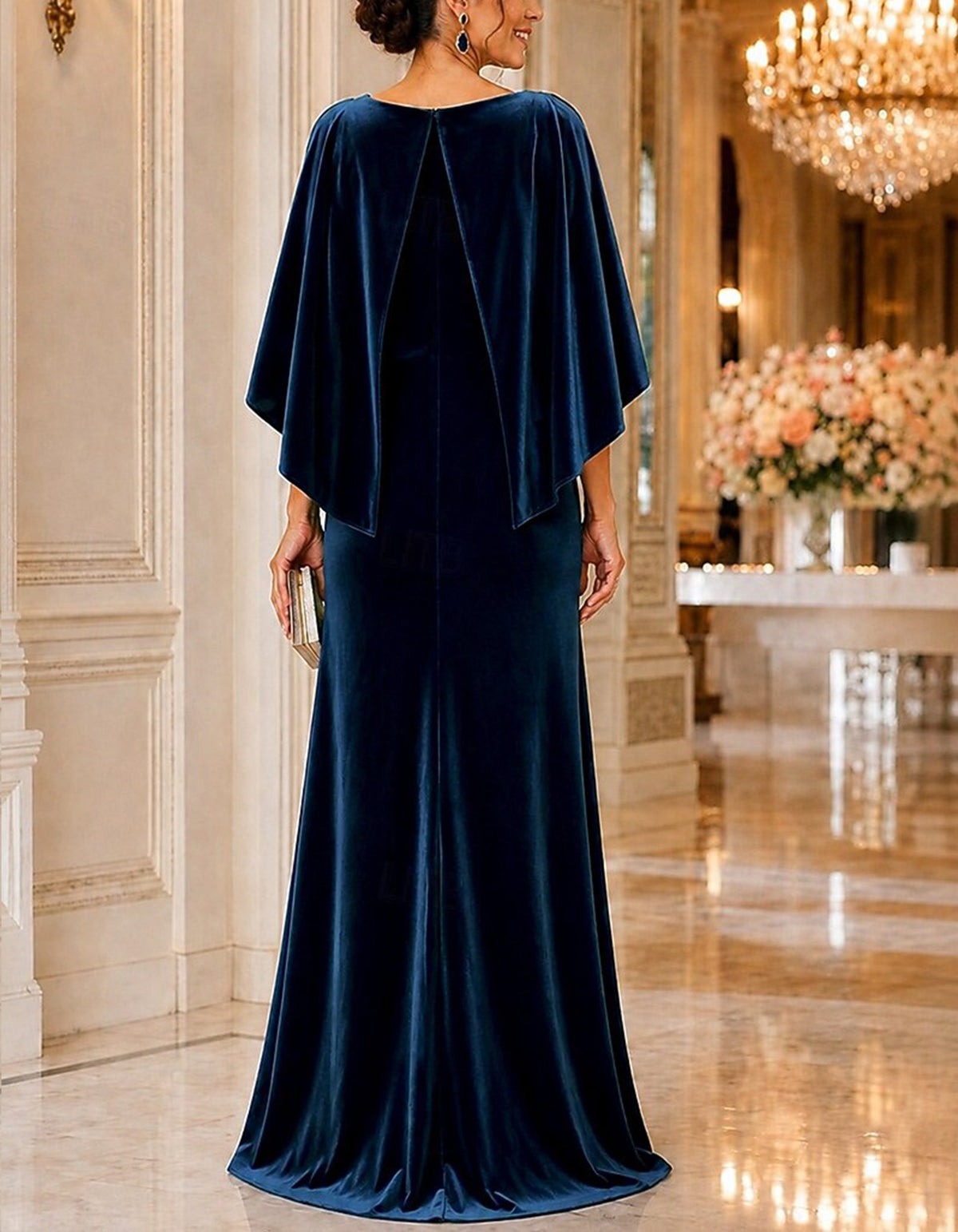 Solid Color Velvet Boat Neck Cape Sleeve Maxi Dress