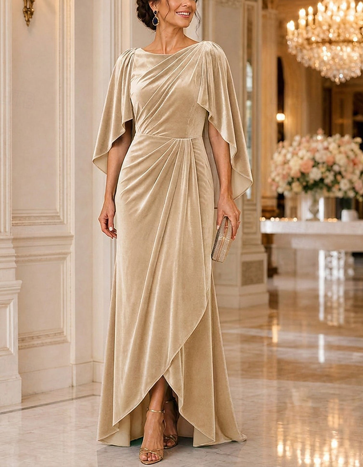 Solid Color Velvet Boat Neck Cape Sleeve Maxi Dress