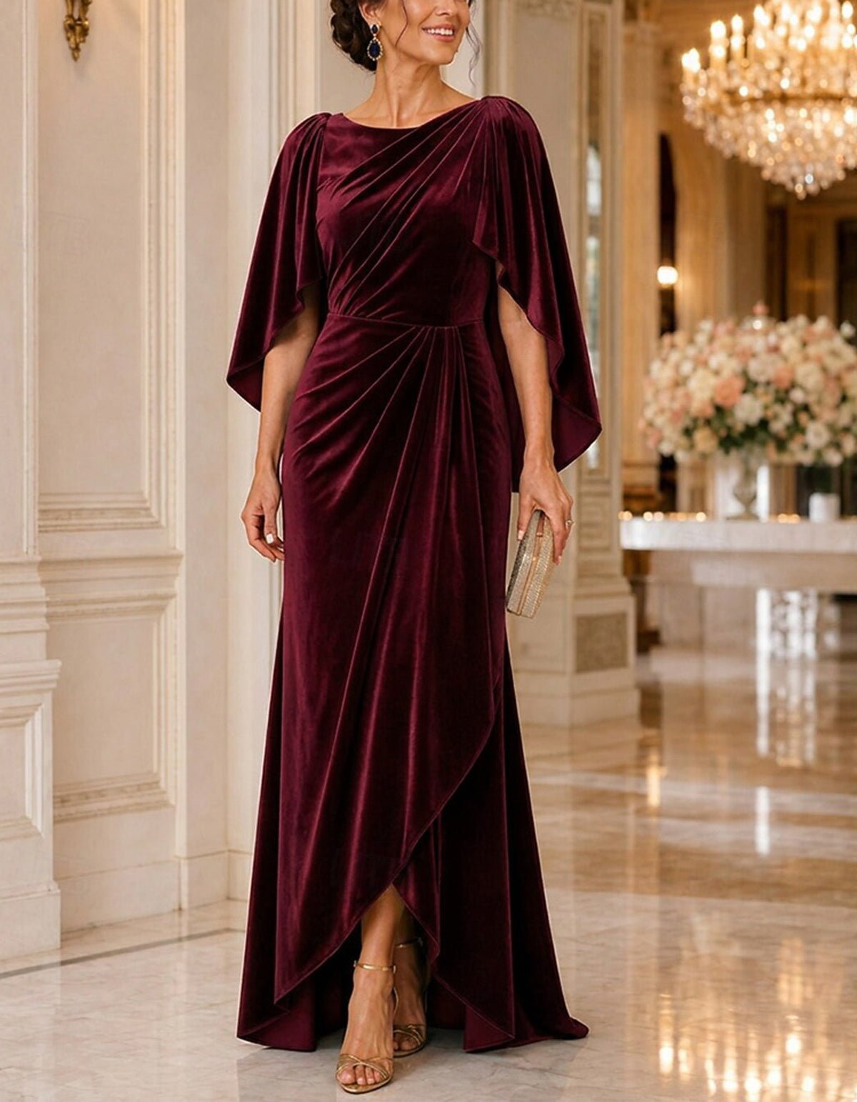 Solid Color Velvet Boat Neck Cape Sleeve Maxi Dress