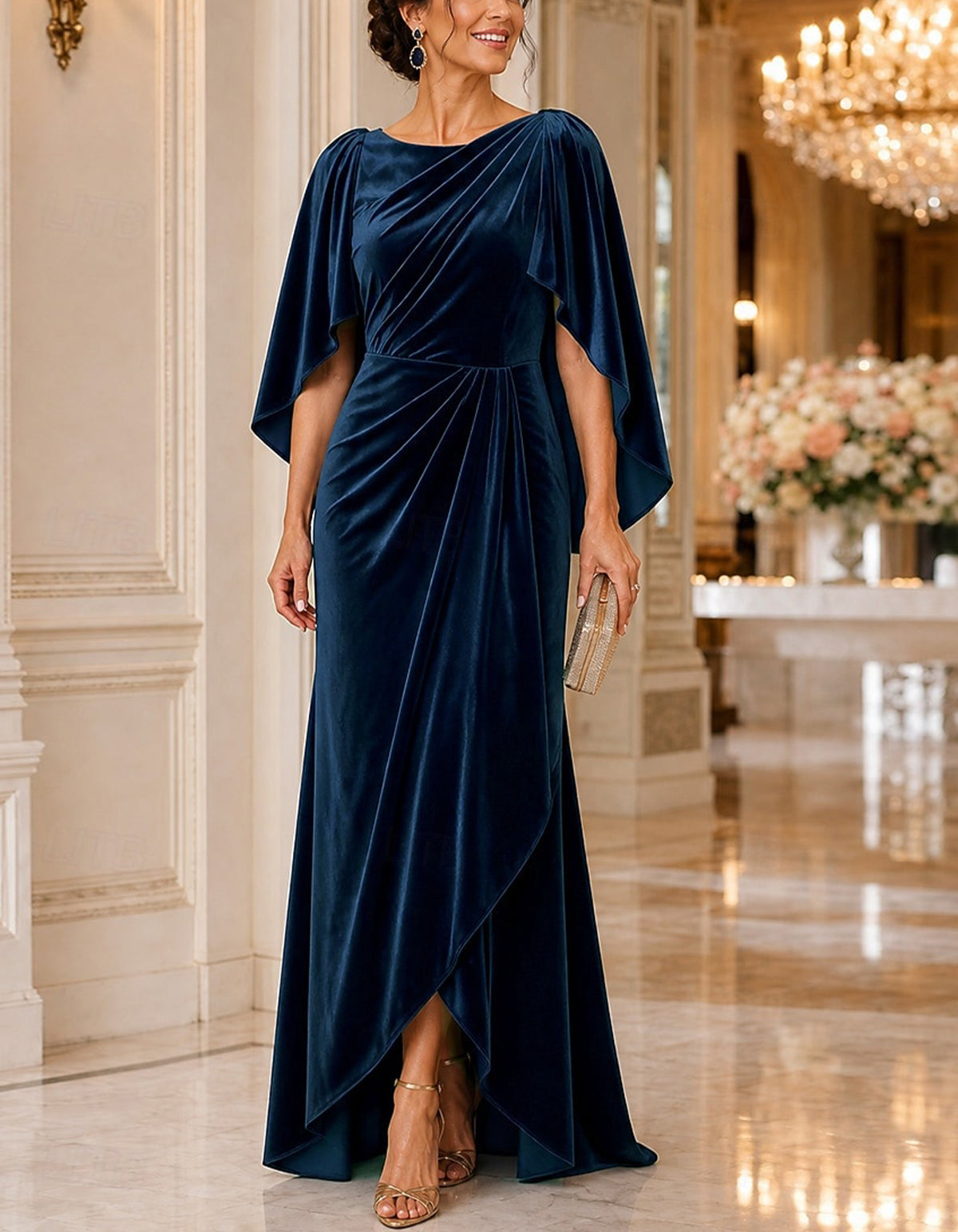 Solid Color Velvet Boat Neck Cape Sleeve Maxi Dress