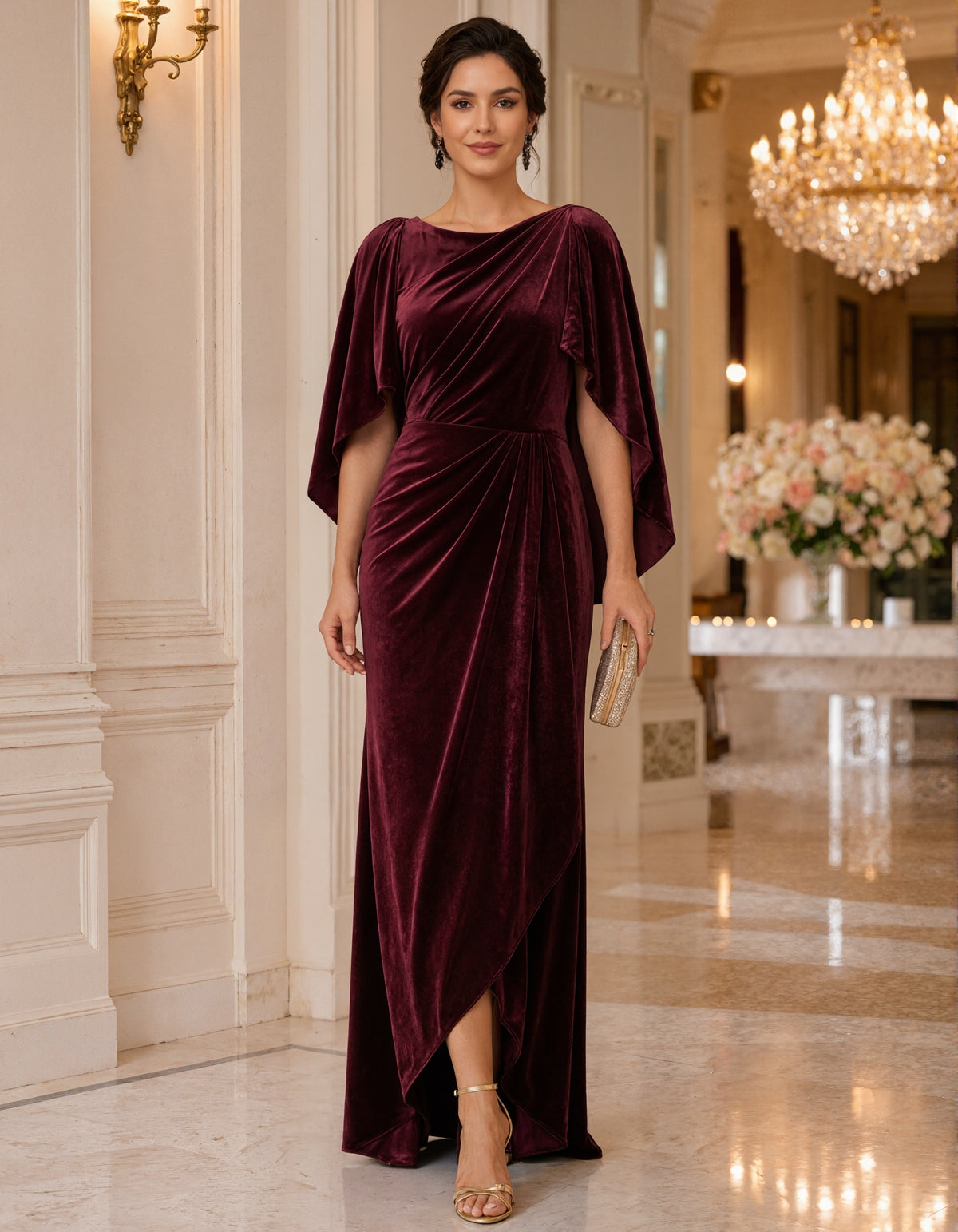 Solid Color Velvet Boat Neck Cape Sleeve Maxi Dress