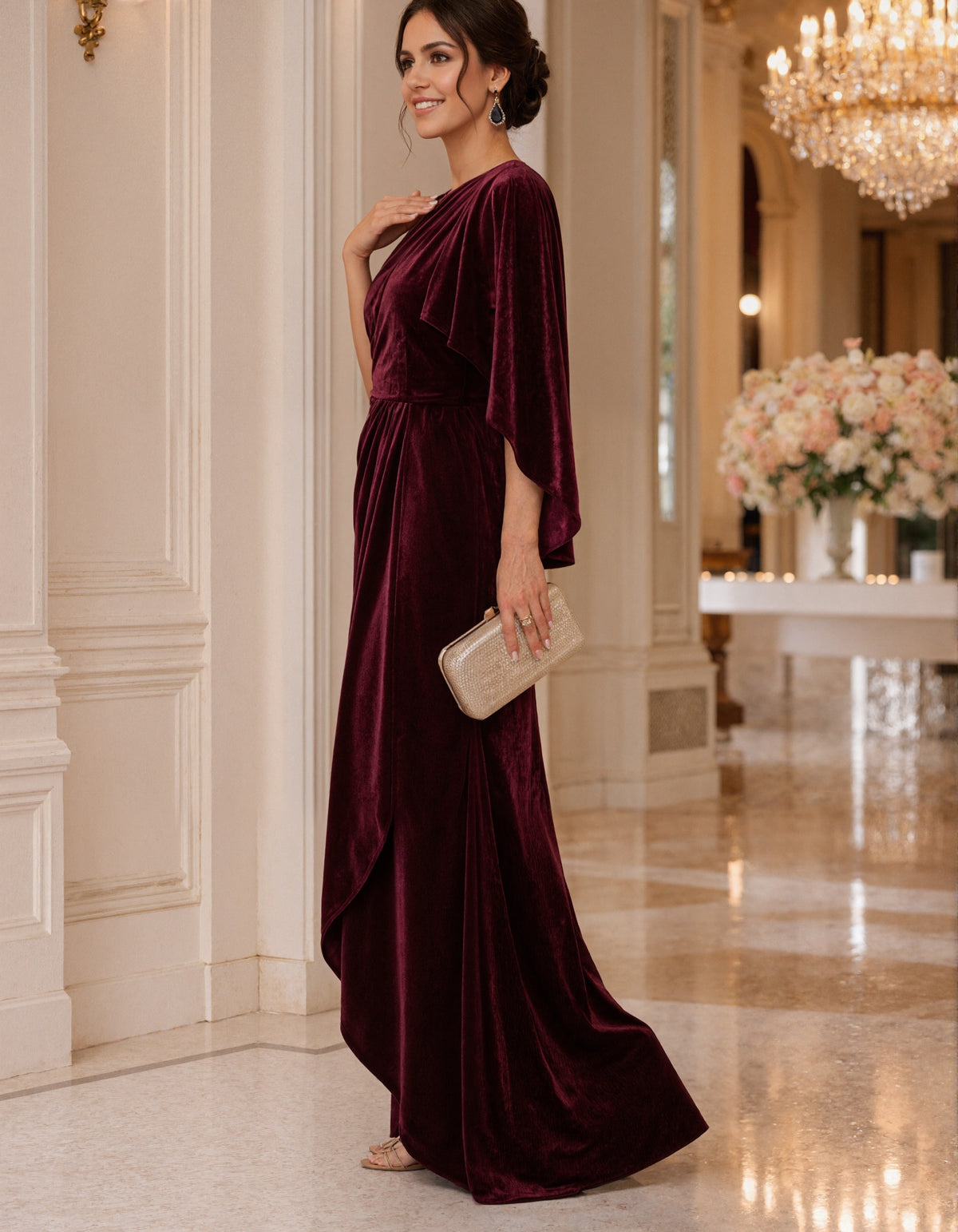 Solid Color Velvet Boat Neck Cape Sleeve Maxi Dress