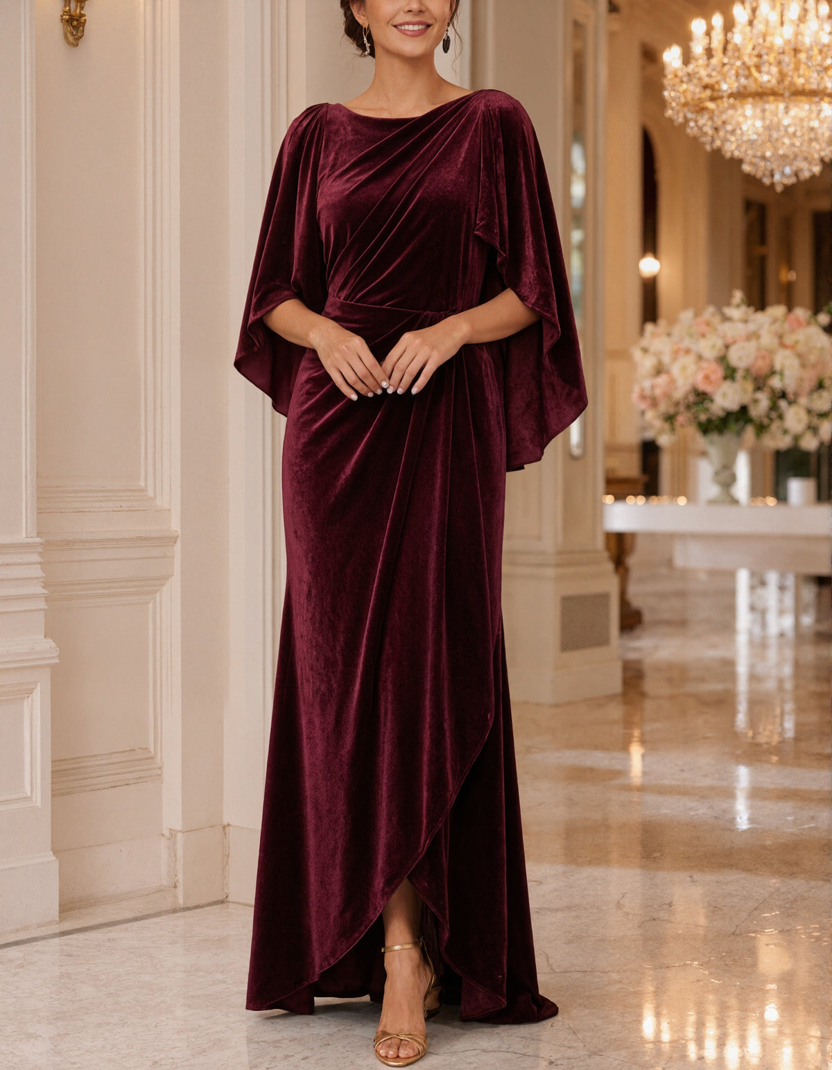 Solid Color Velvet Boat Neck Cape Sleeve Maxi Dress