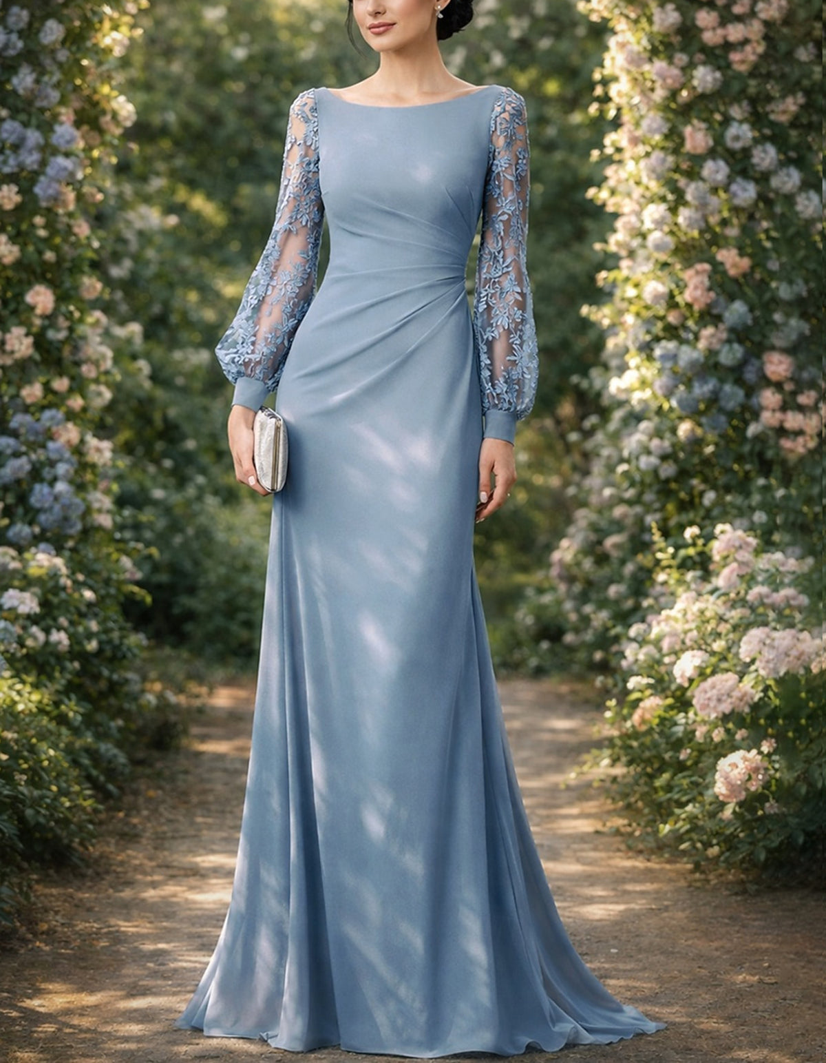Grey Blue Long Sleeved Lace Maxi Dress