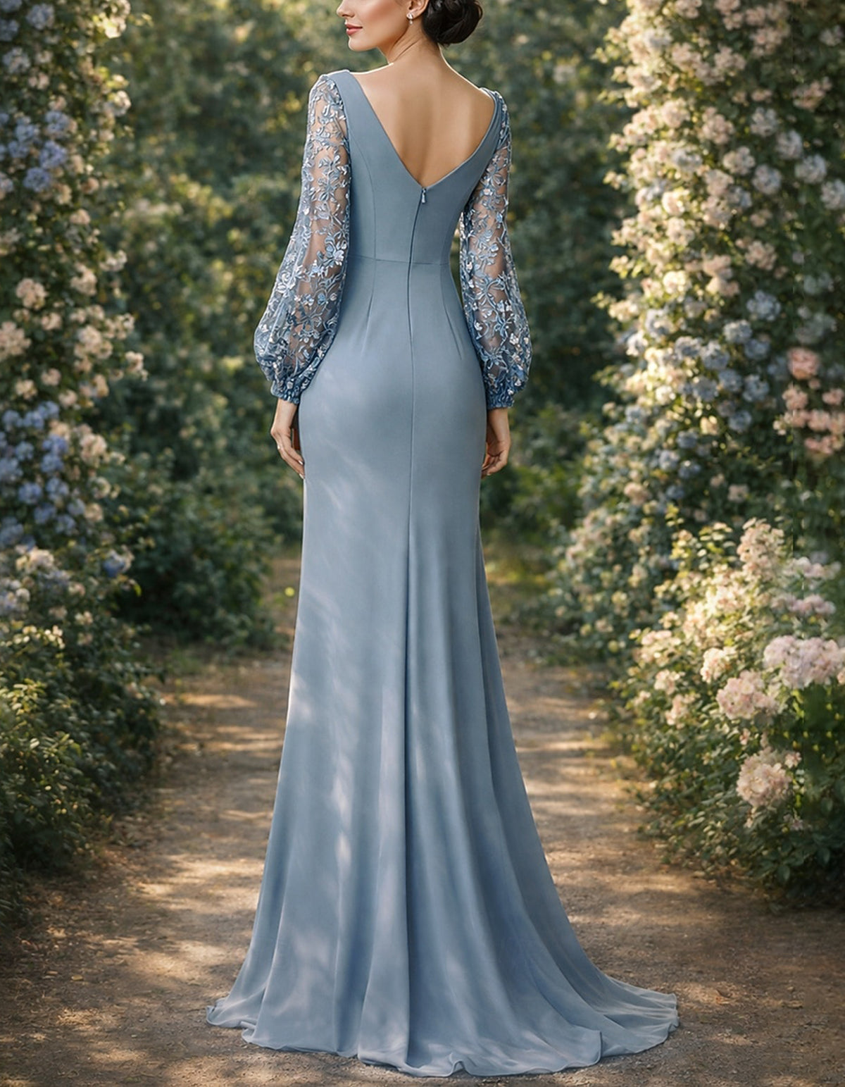 Grey Blue Long Sleeved Lace Maxi Dress