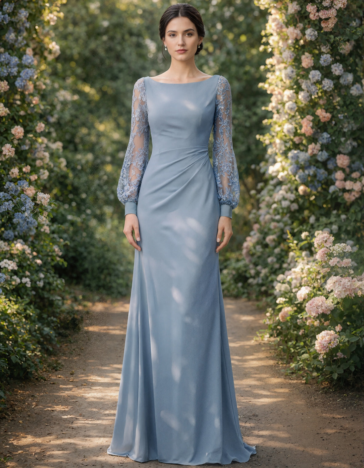 Grey Blue Long Sleeved Lace Maxi Dress