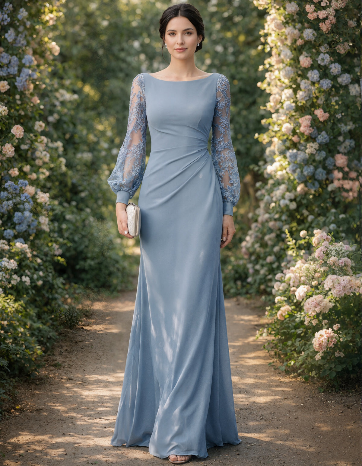 Grey Blue Long Sleeved Lace Maxi Dress