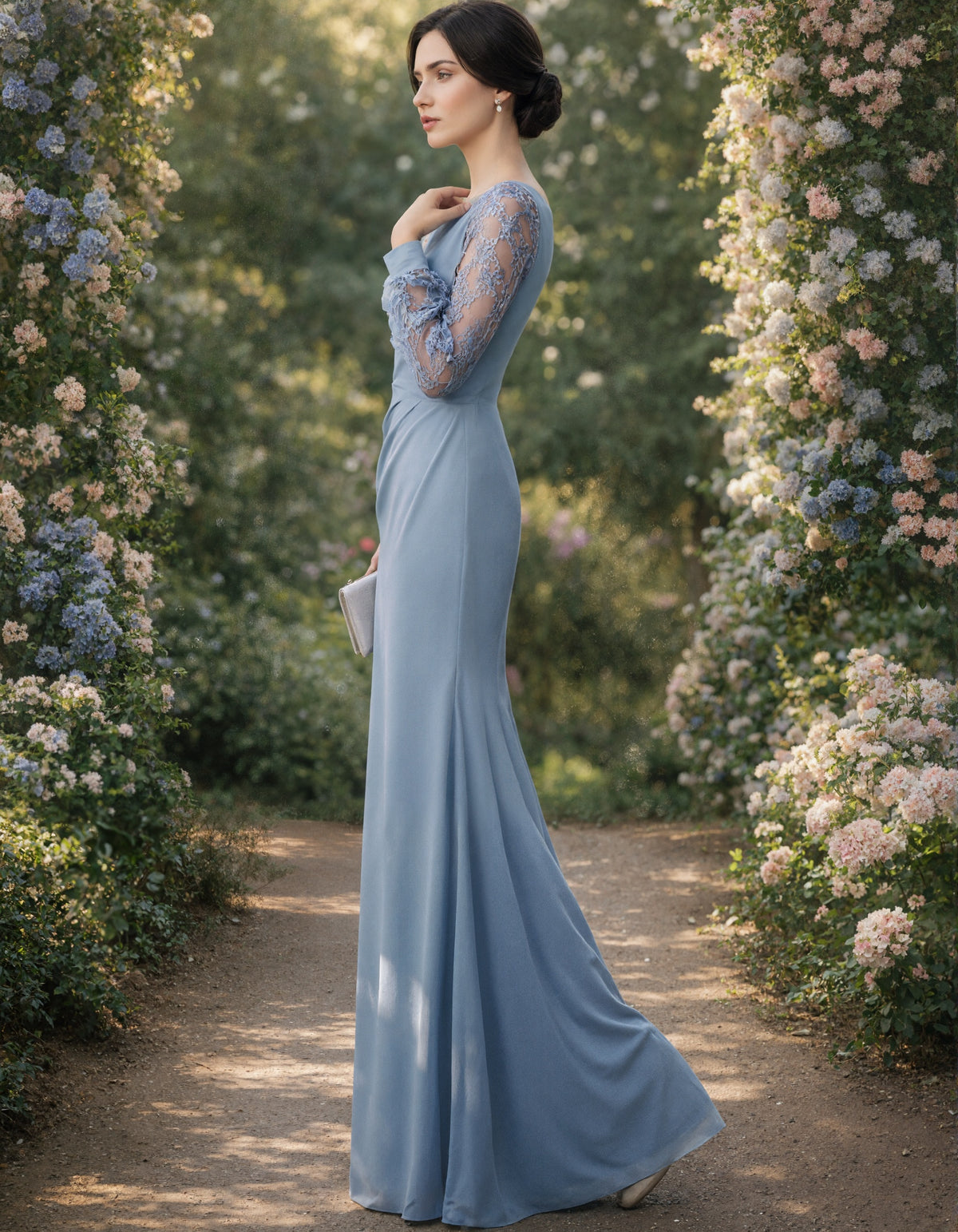 Grey Blue Long Sleeved Lace Maxi Dress